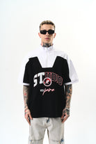 Erkek Studio Nakışlı Yarım Fermuarlı Oversize T-Shirt Siyah