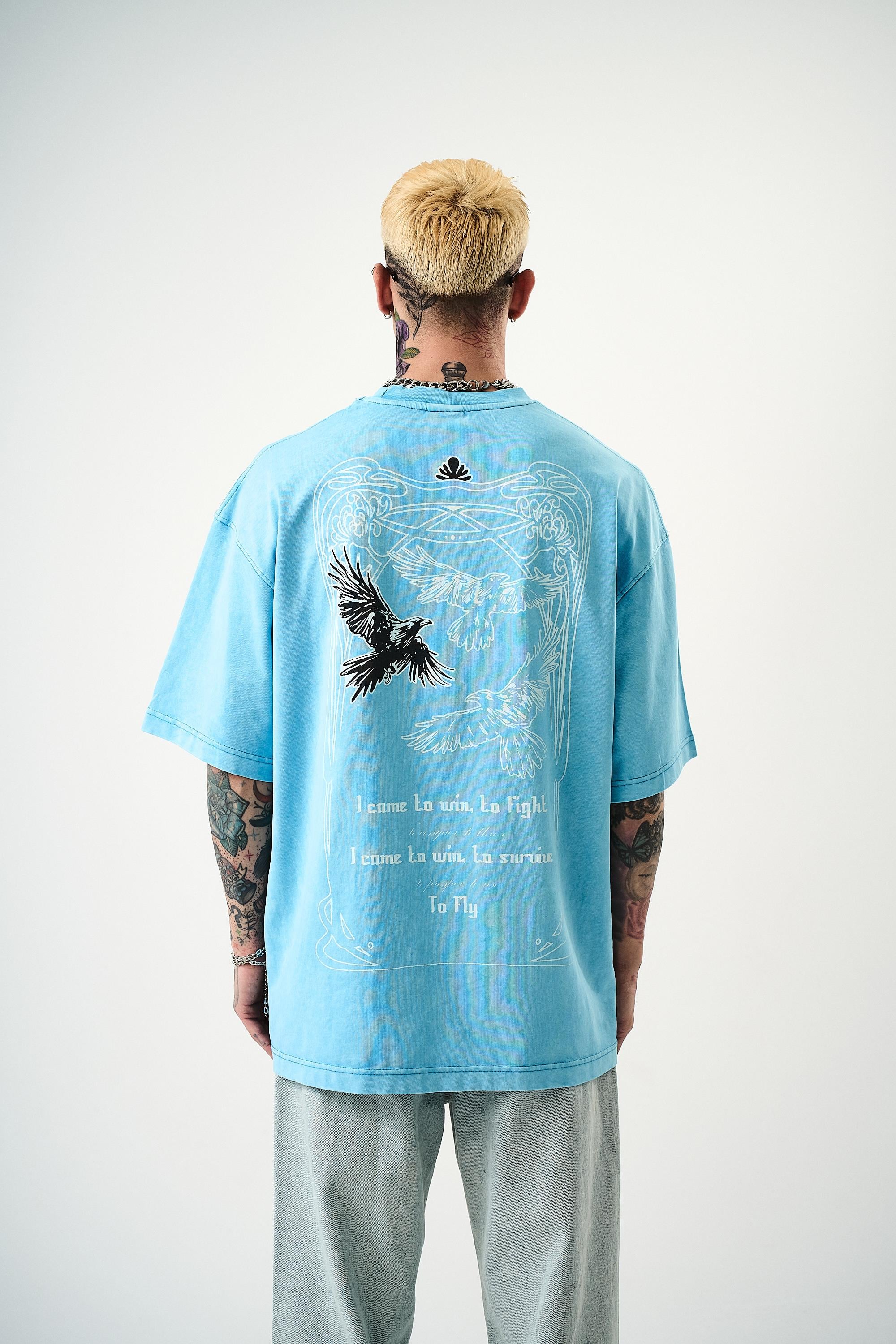 Erkek To Fly Baskılı Yıkamalı Oversize T-Shirt Mavi