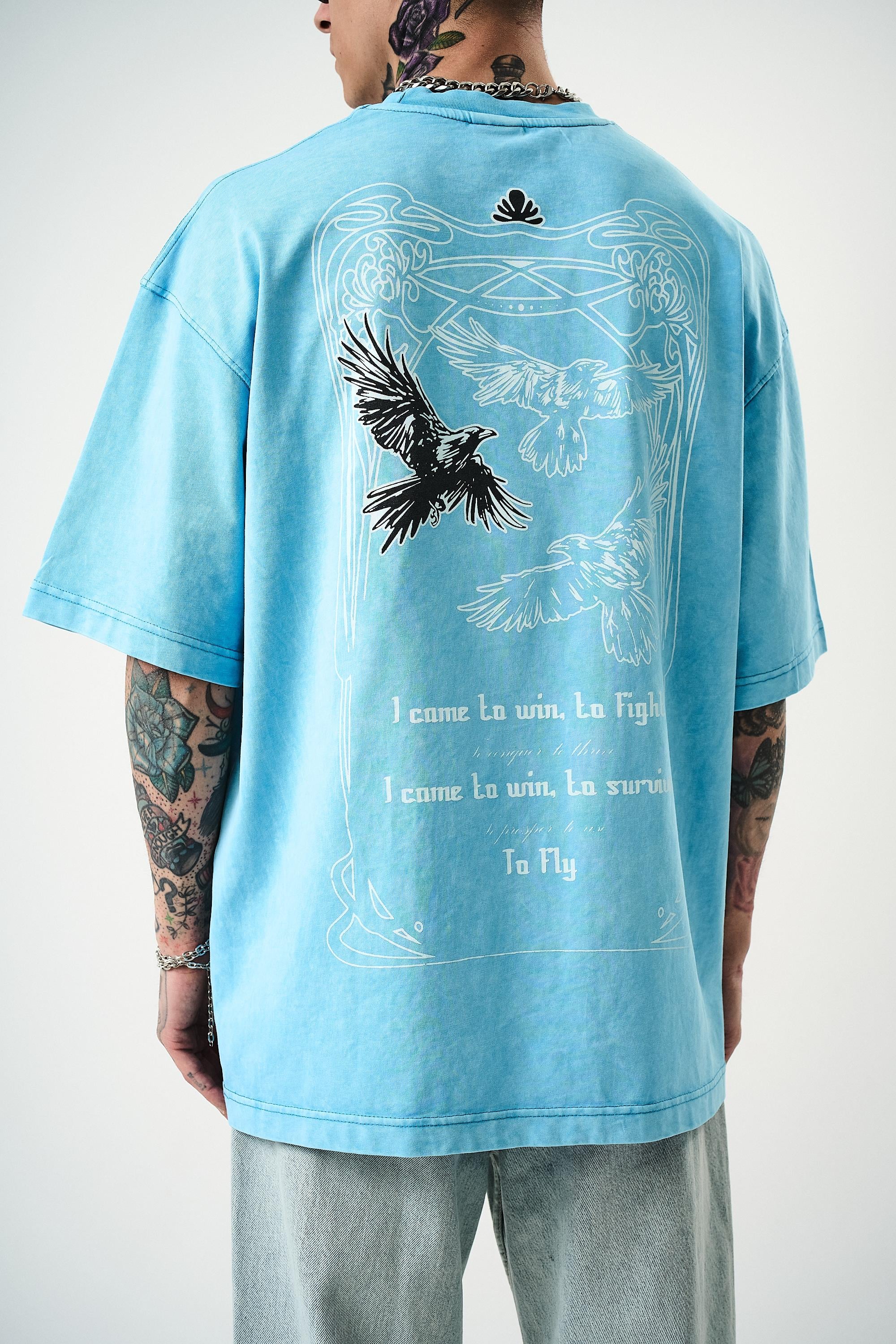 Erkek To Fly Baskılı Yıkamalı Oversize T-Shirt Mavi