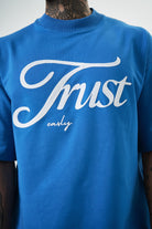 Erkek Trust Yazılı Oversize T-Shirt Mavi