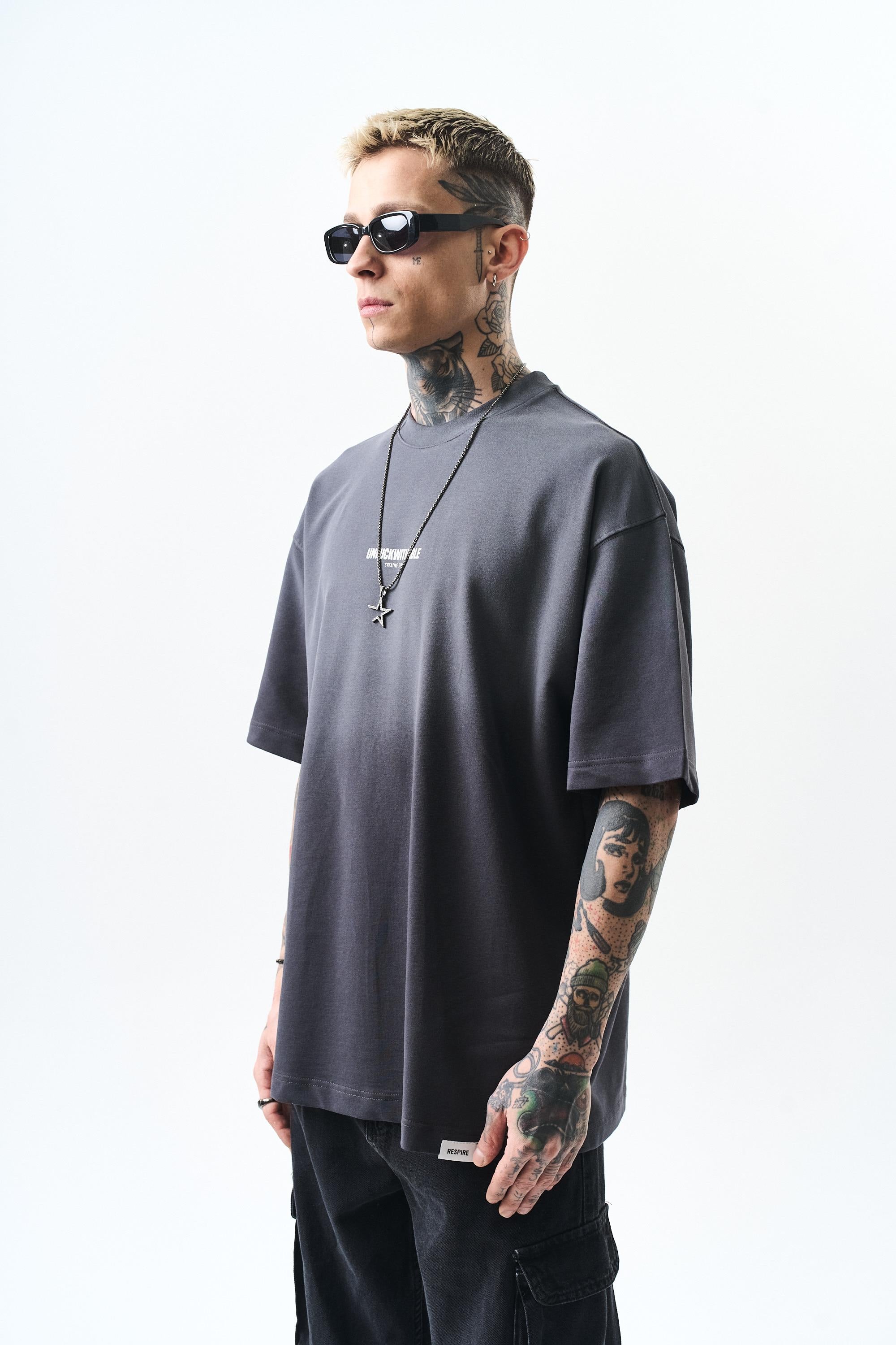 Erkek Unfuckwithable Baskılı Oversize T-Shirt Füme