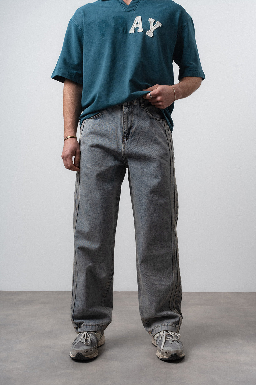 Respire-Erkek Yan Şerit Detaylı Baggy Jean Mavi-Kot Pantolon-1-Milagron.com