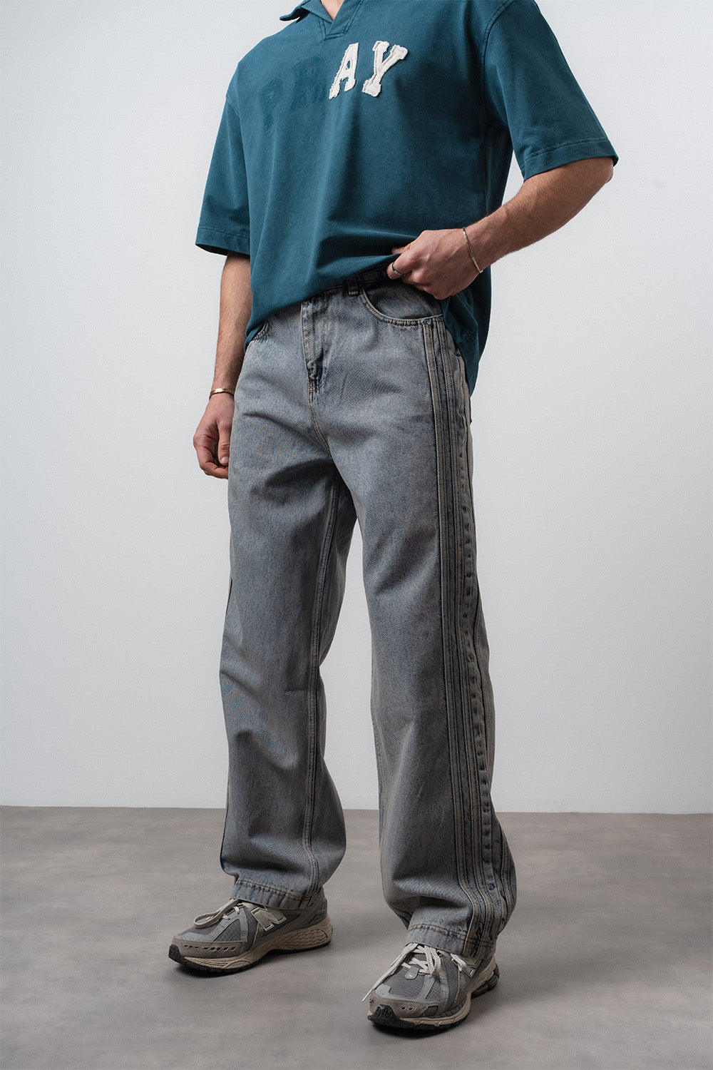 Respire-Erkek Yan Şerit Detaylı Baggy Jean Mavi-Kot Pantolon-2-Milagron.com