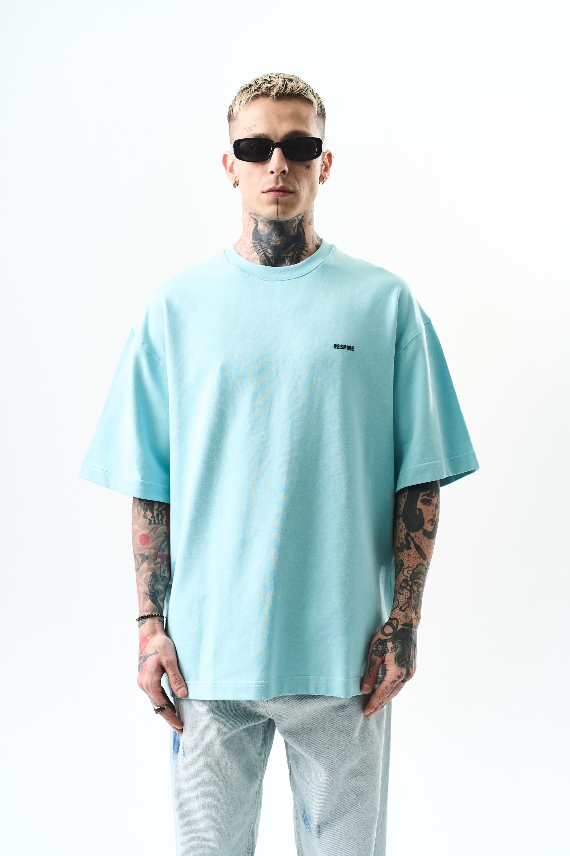 Erkek Respire Yazı Detaylı Oversize T-Shirt Bebe Mavi