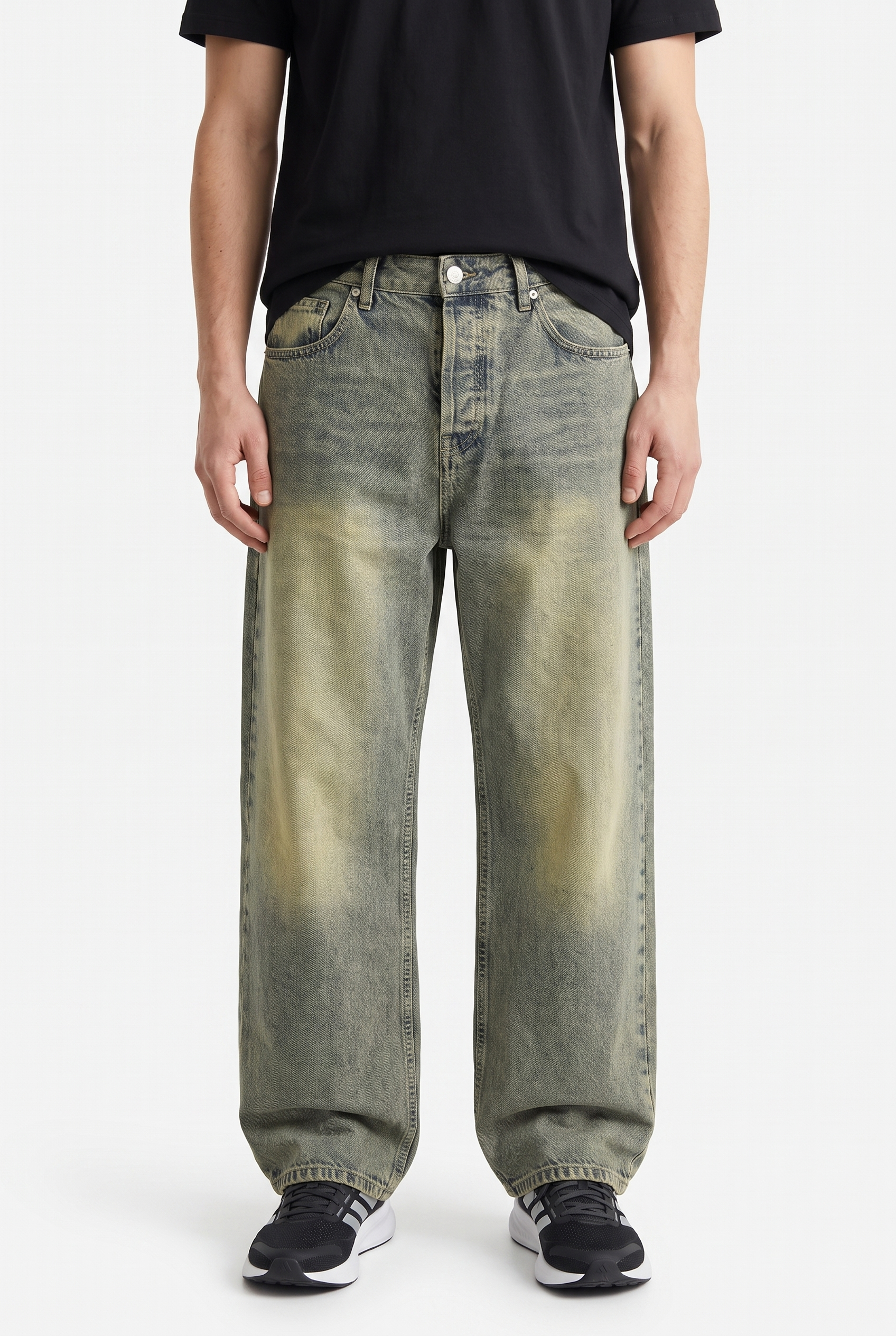 Erkek Yıkama Detaylı Baggy Jean Bej