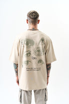 Erkek Eyes Baskılı Oversize T-Shirt Bej
