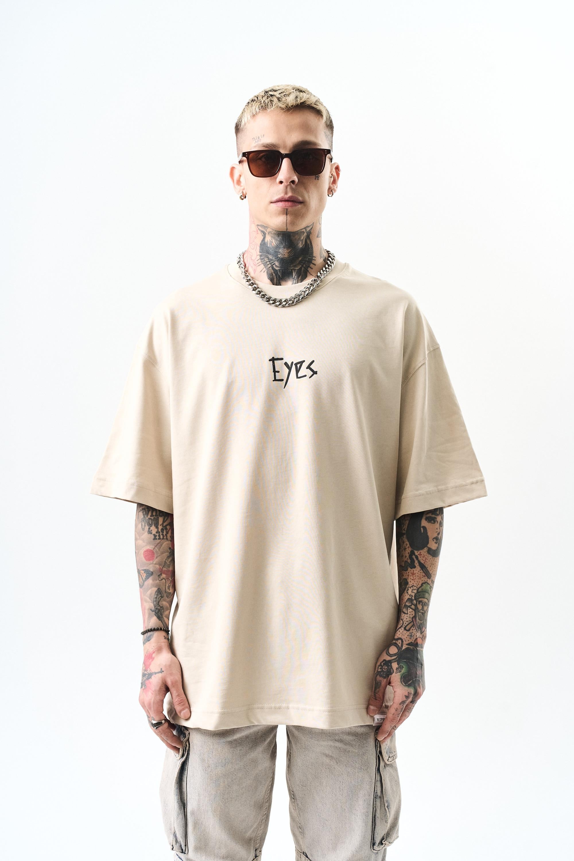 Erkek Eyes Baskılı Oversize T-Shirt Bej