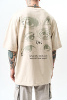 Erkek Eyes Baskılı Oversize T-Shirt Bej