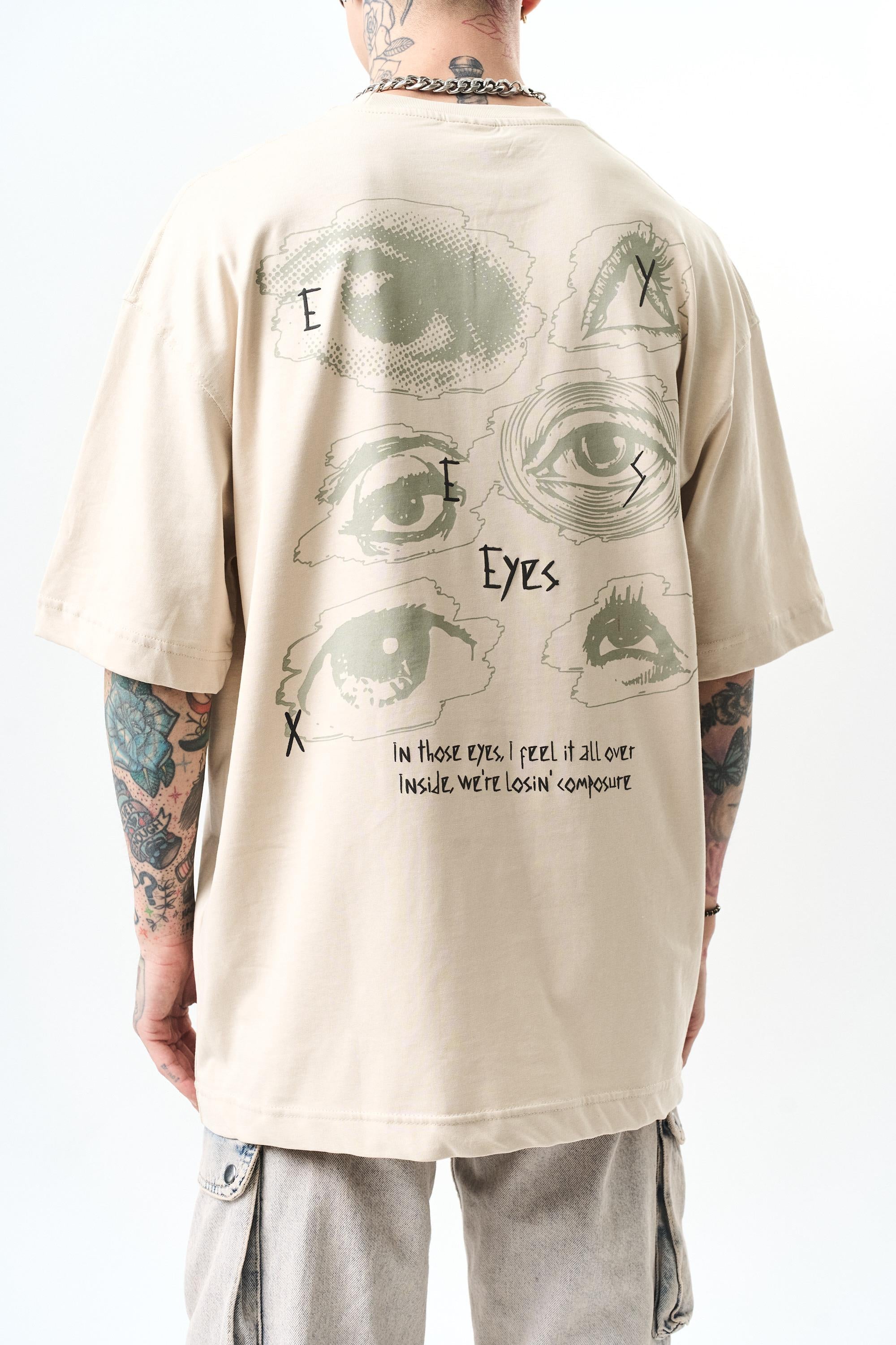 Erkek Eyes Baskılı Oversize T-Shirt Bej