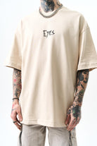 Erkek Eyes Baskılı Oversize T-Shirt Bej
