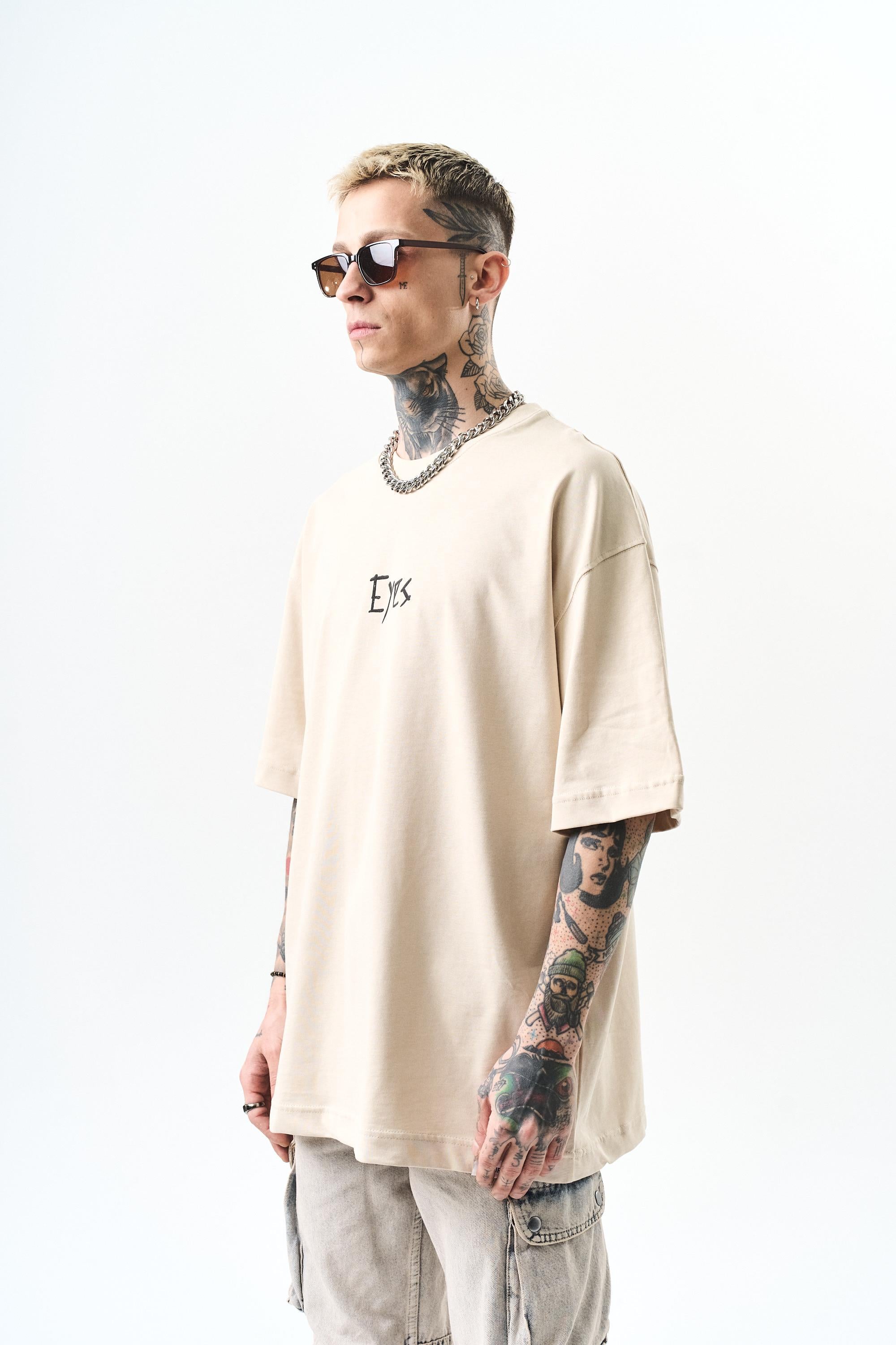 Erkek Eyes Baskılı Oversize T-Shirt Bej