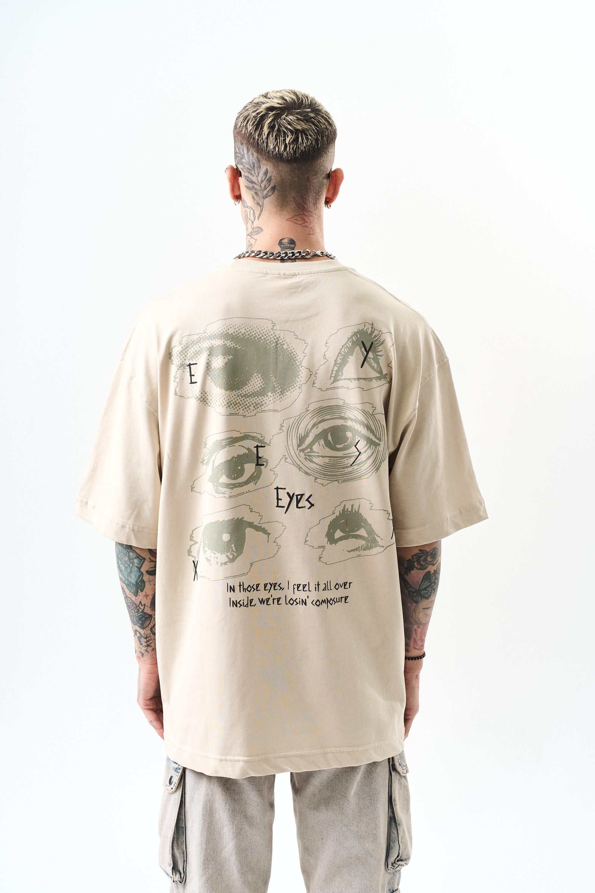 Erkek Eyes Baskılı Oversize T-Shirt Bej