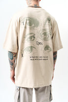 Erkek Eyes Baskılı Oversize T-Shirt Bej