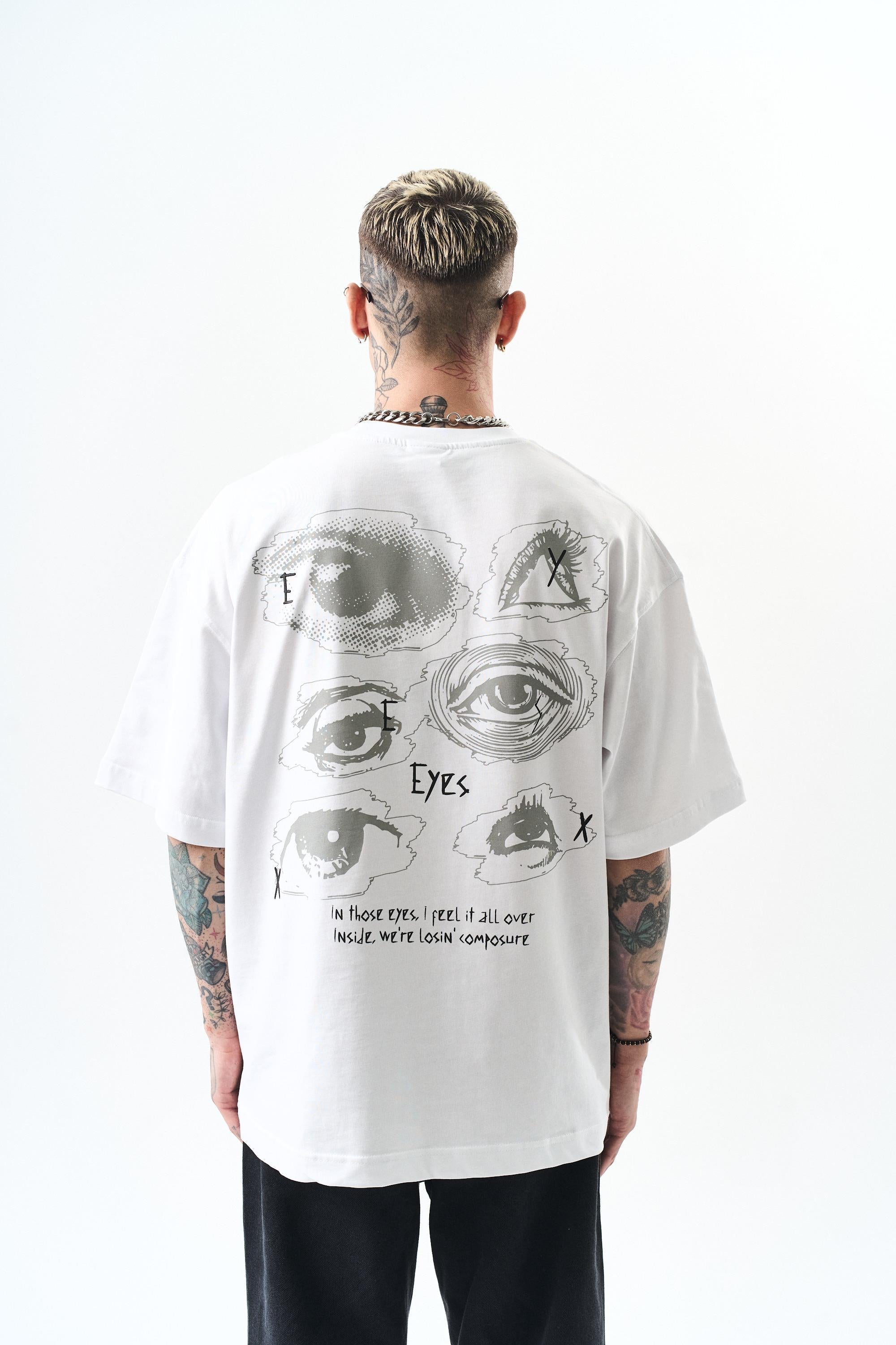 Erkek Eyes Baskılı Oversize T-Shirt Beyaz