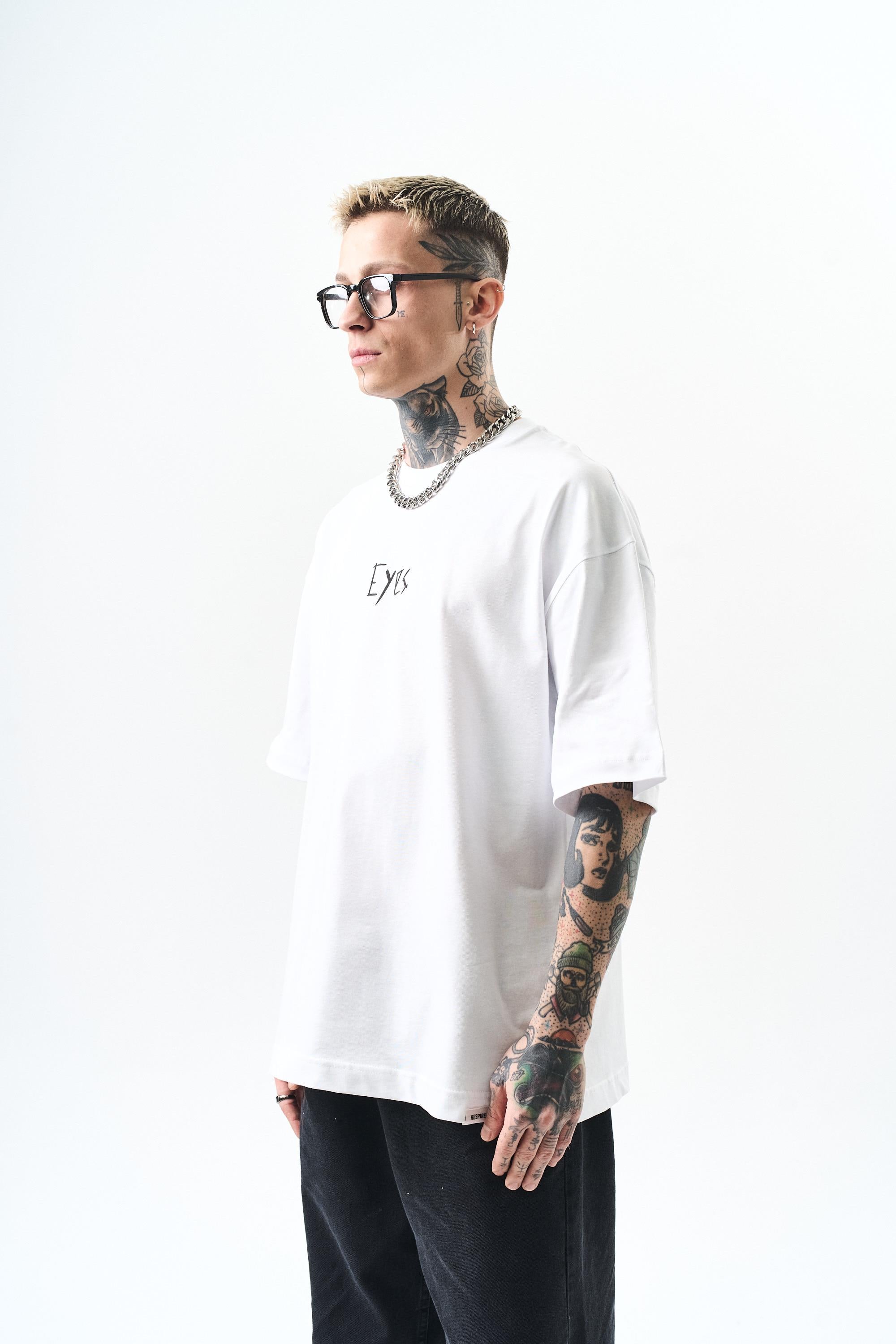 Erkek Eyes Baskılı Oversize T-Shirt Beyaz