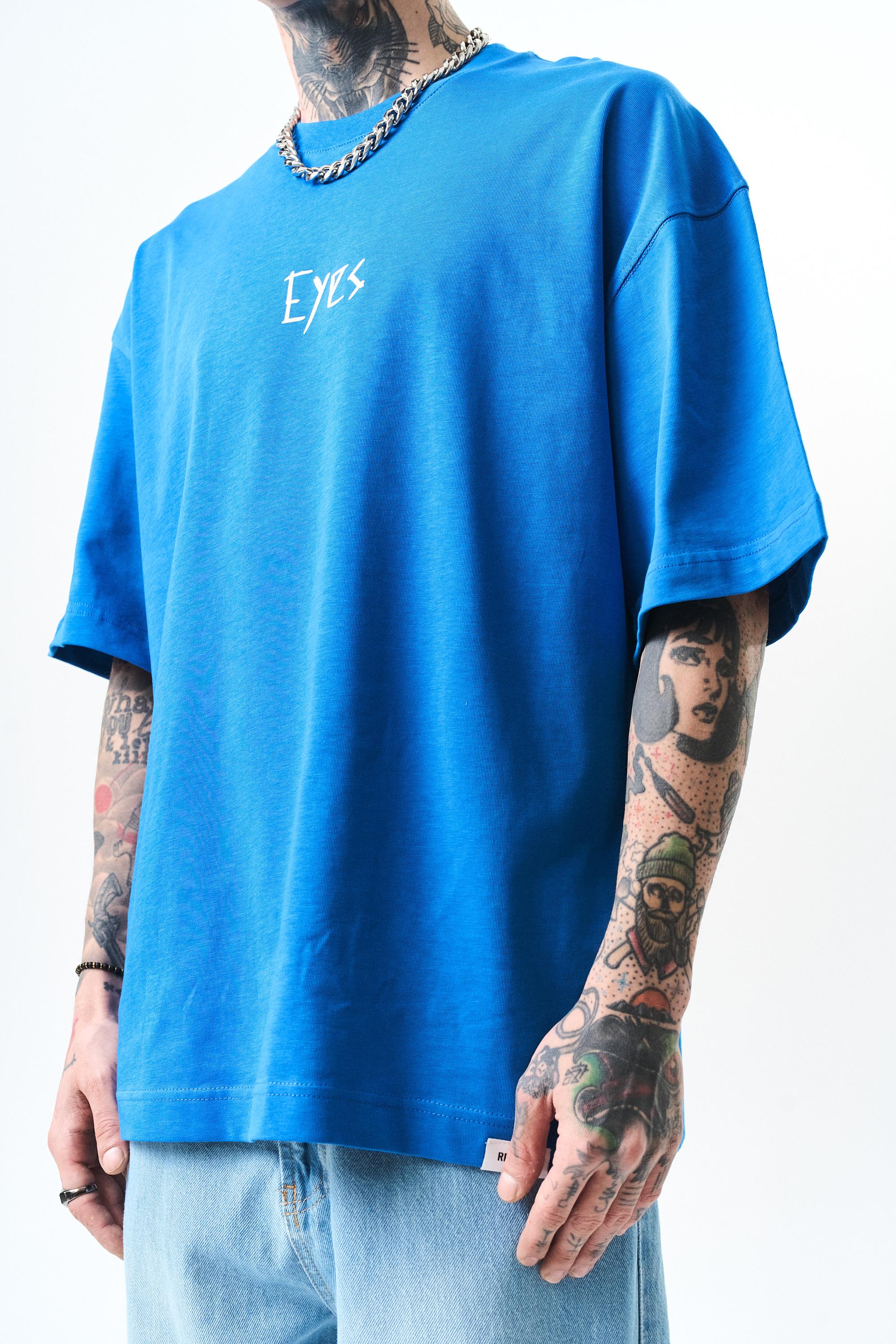 Erkek Eyes Baskılı Oversize T-Shirt Mavi