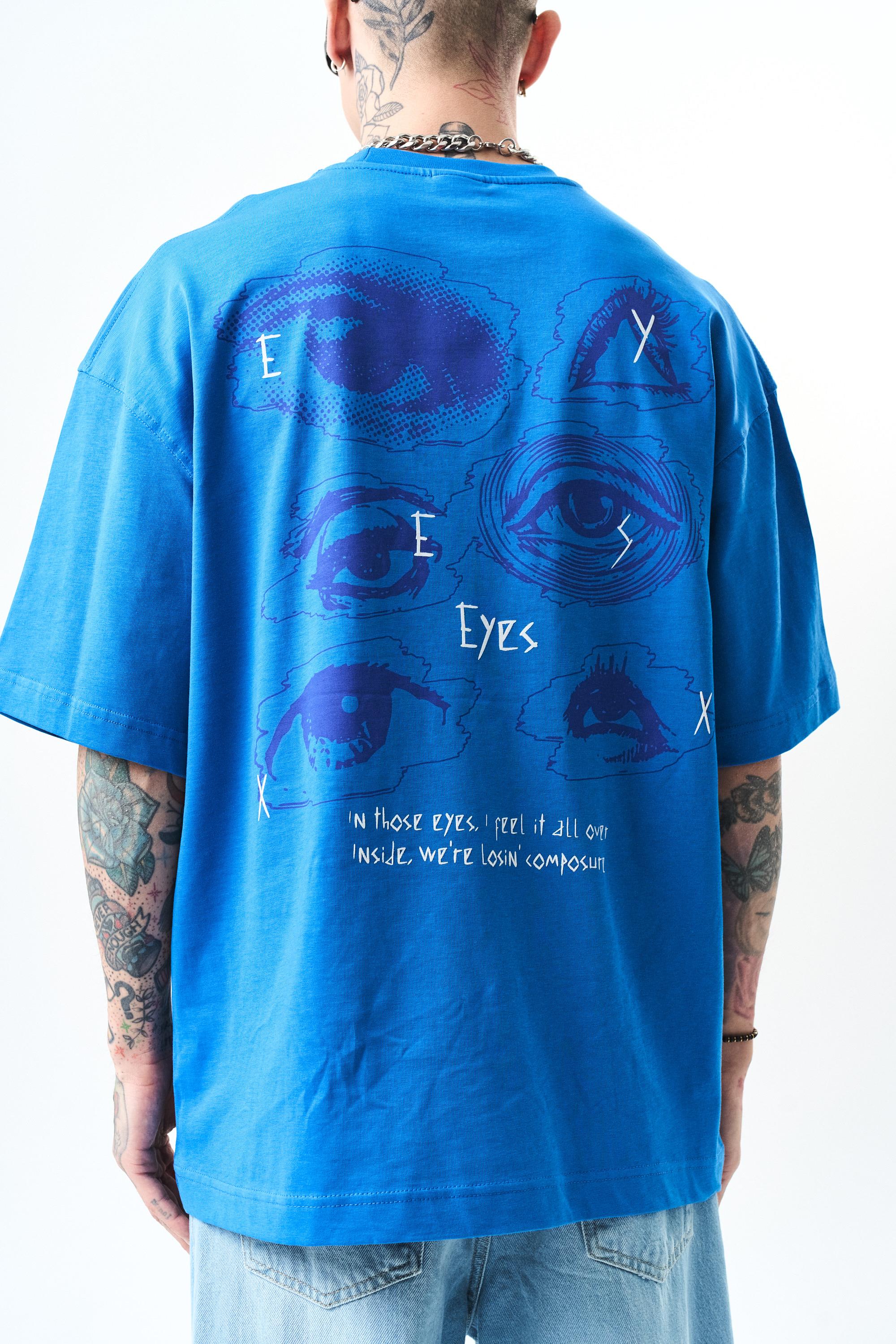 Erkek Eyes Baskılı Oversize T-Shirt Mavi