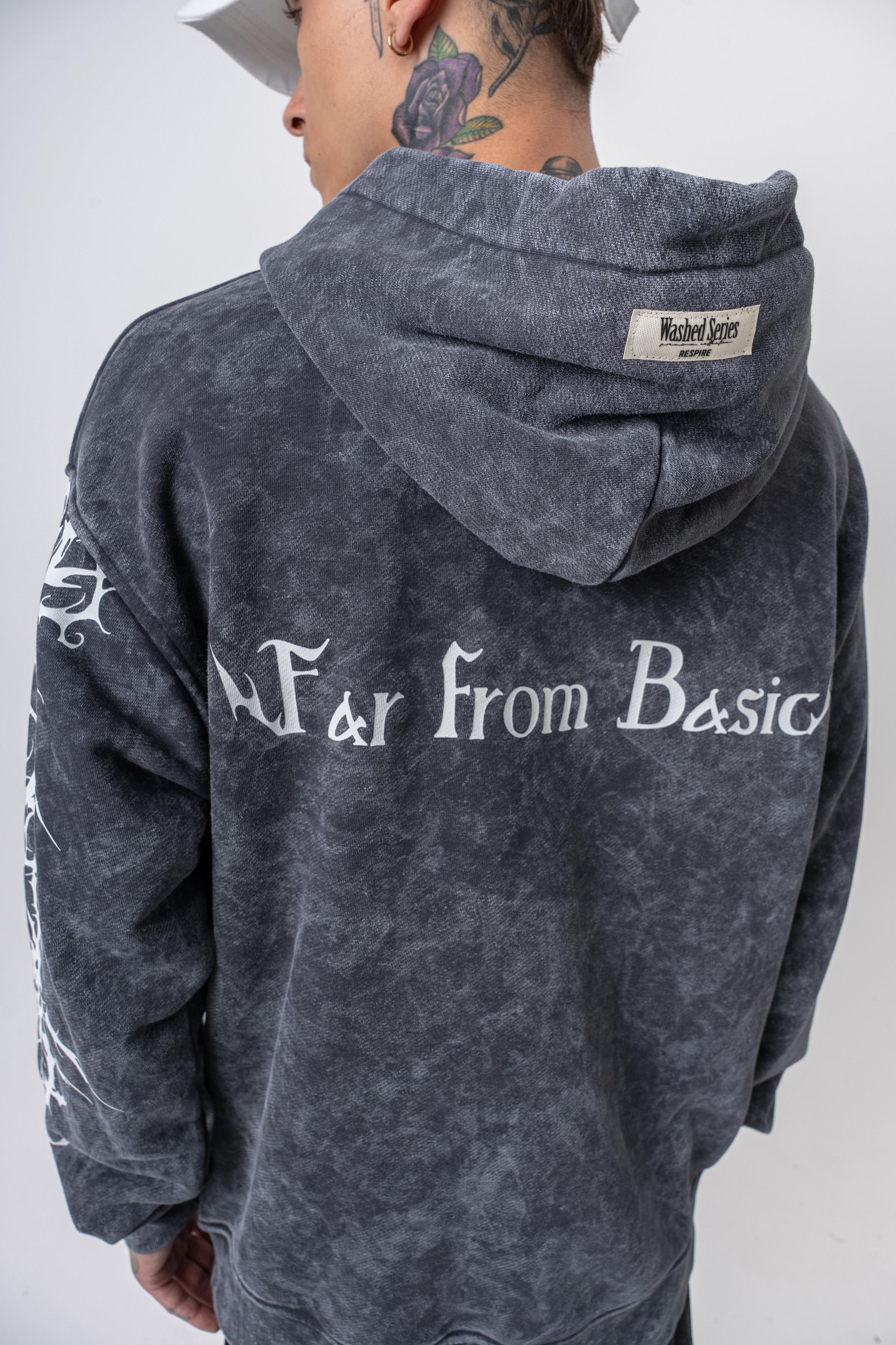 Erkek Far From Basic Baskılı Yıkamalı Kapüşonlu Oversize Hoodie Siyah - 4