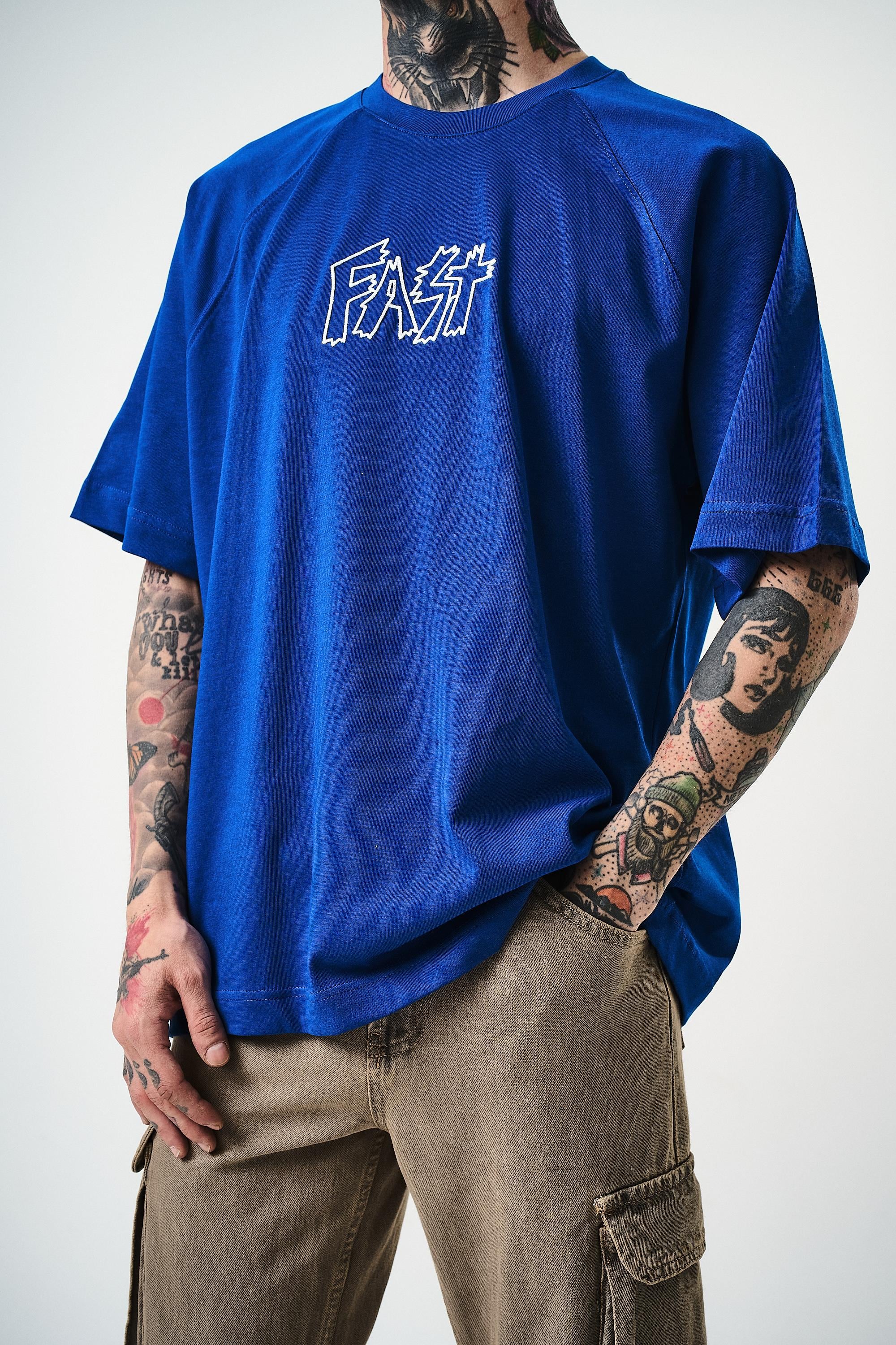 Erkek Fast Nakışlı Oversize T-Shirt Saks