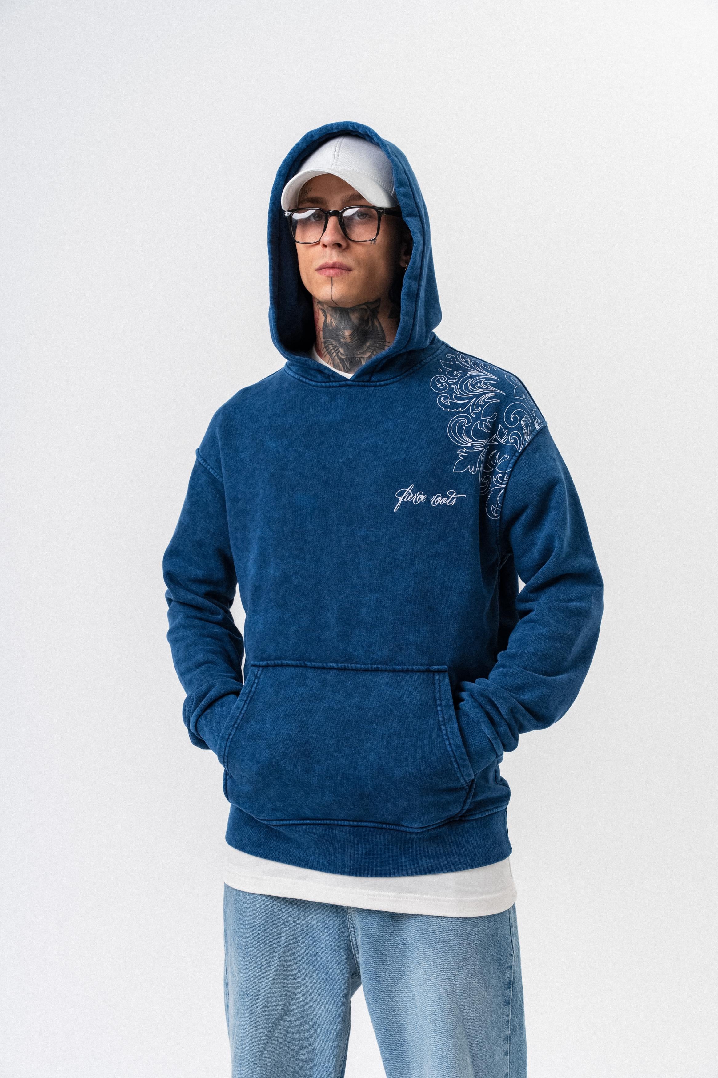 Erkek Fierce Baskılı Yıkamalı Kapüşonlu Oversize Hoodie İNdigo