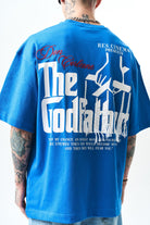 Erkek Godfather Baskılı Oversize T-Shirt Mavi