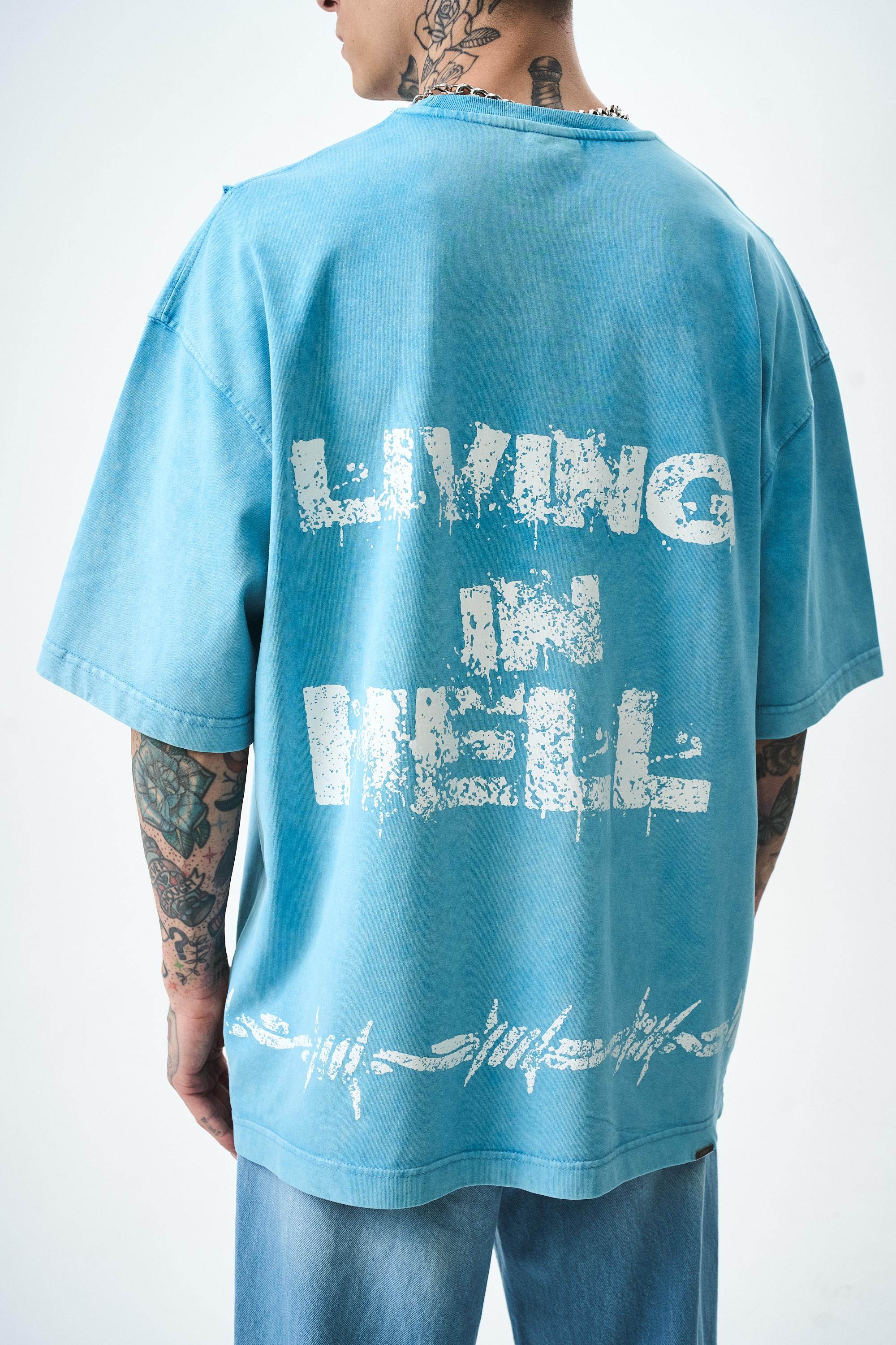 Erkek Hell Baskılı Yıkamalı Oversize T-Shirt Mavi