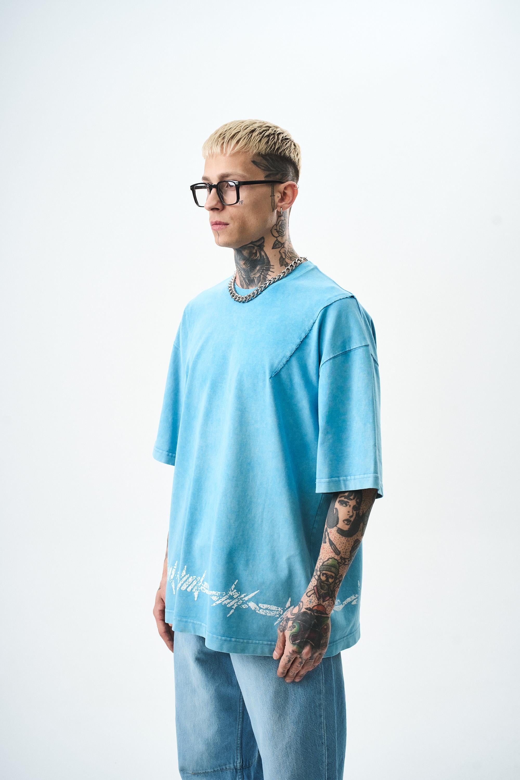 Erkek Hell Baskılı Yıkamalı Oversize T-Shirt Mavi