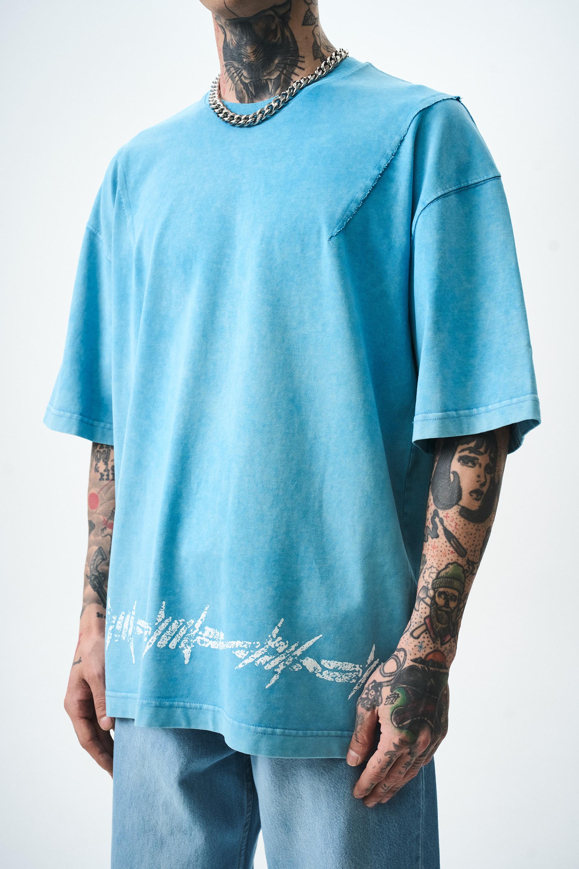Erkek Hell Baskılı Yıkamalı Oversize T-Shirt Mavi
