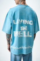 Erkek Hell Baskılı Yıkamalı Oversize T-Shirt Mavi