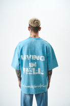 Erkek Hell Baskılı Yıkamalı Oversize T-Shirt Mavi