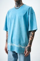 Erkek Hell Baskılı Yıkamalı Oversize T-Shirt Mavi