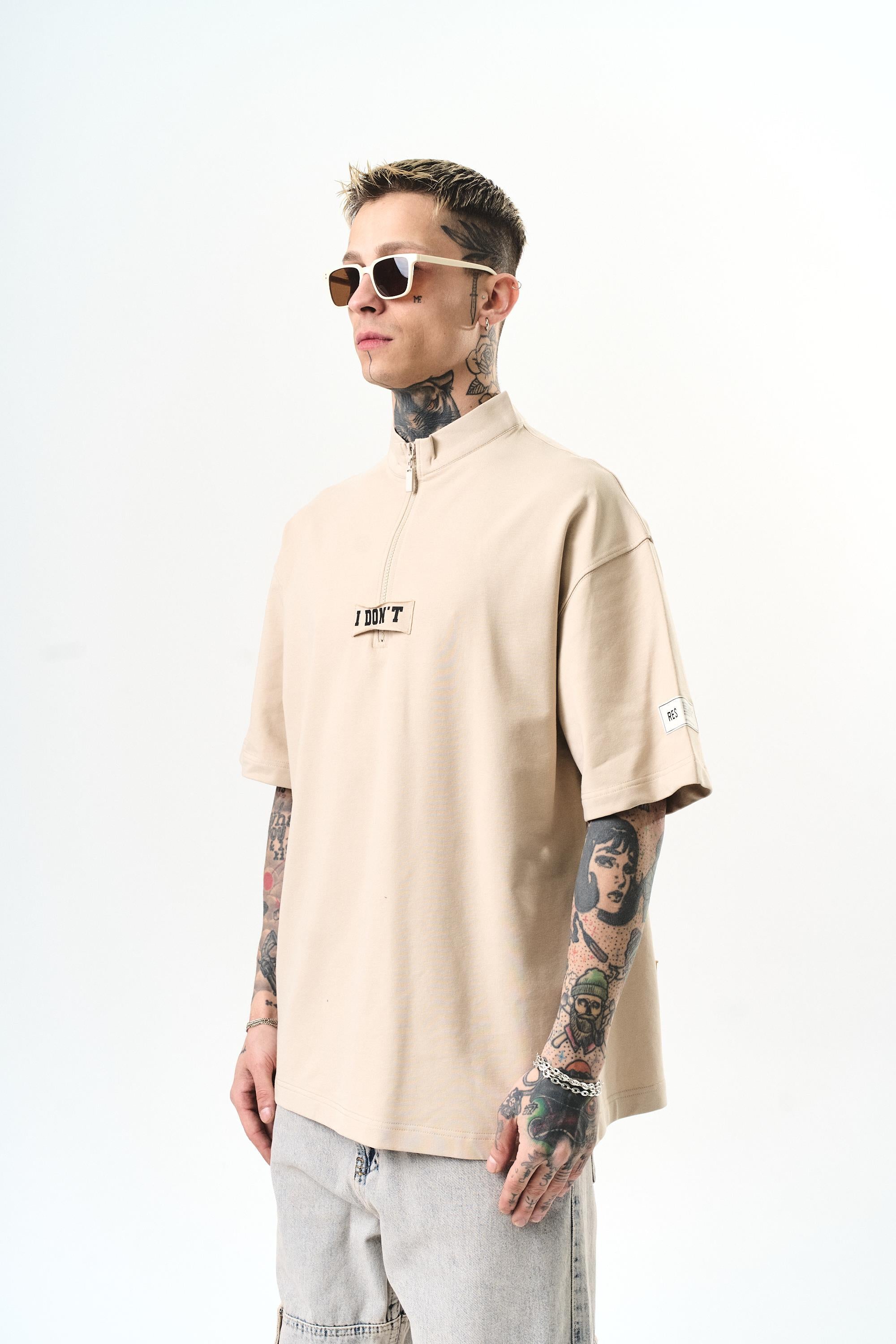 Erkek I Don'T Nakışlı Oversize T-Shirt Bej