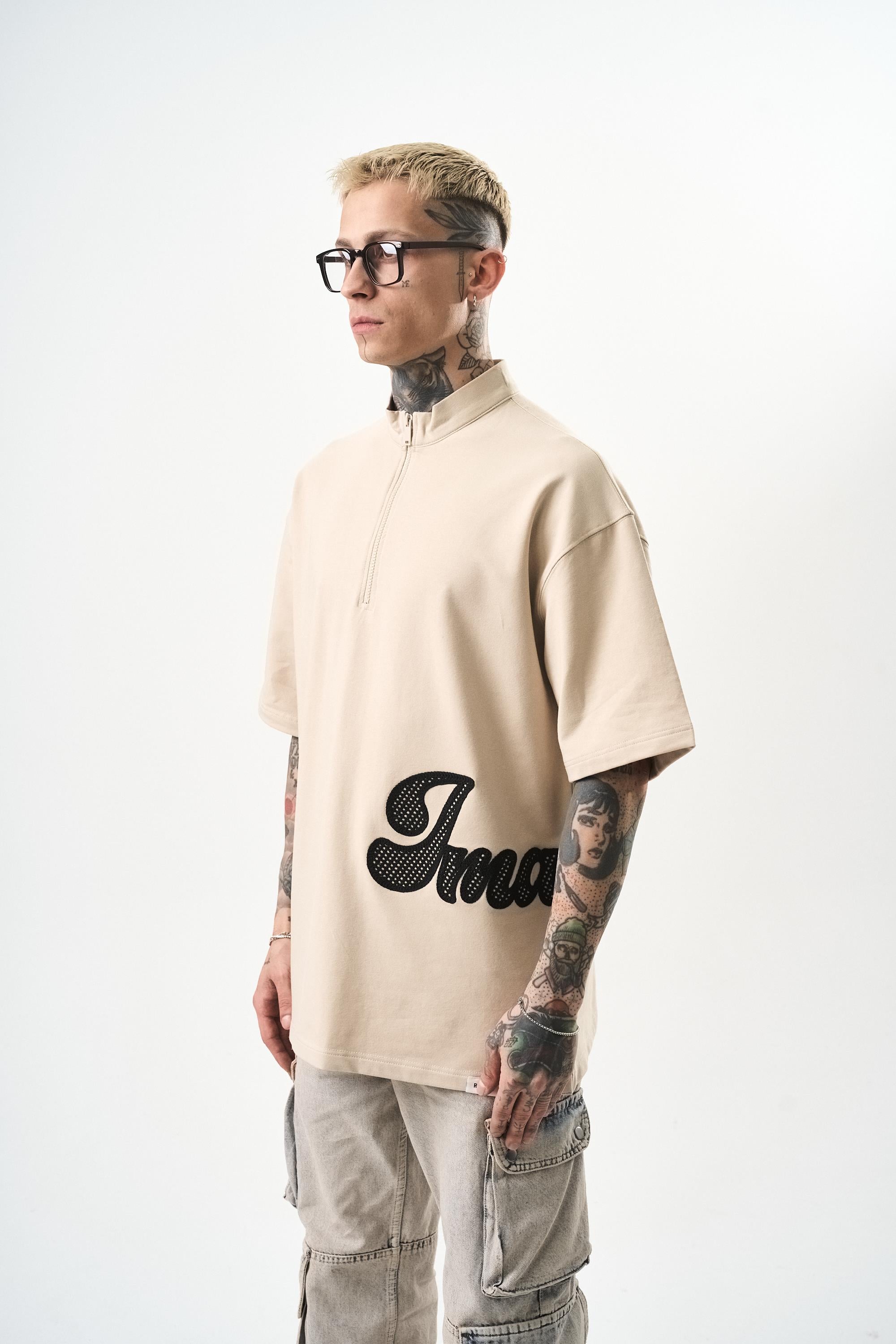 Erkek Imagined Nakışlı Yarım Fermuarlı Oversize T-Shirt Bej
