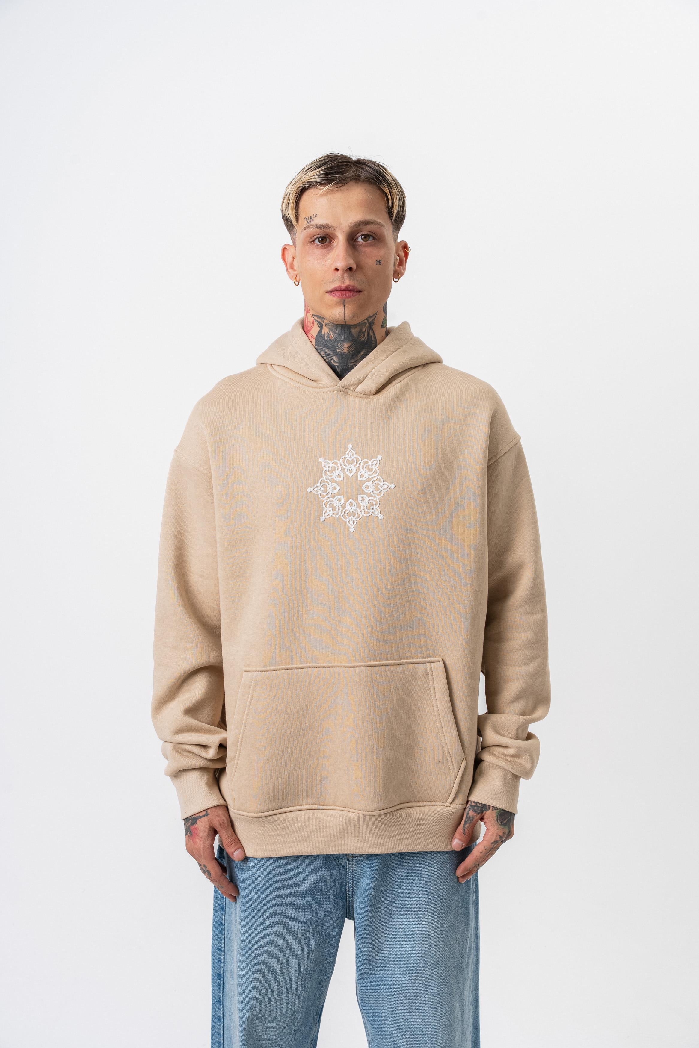 Erkek Itsbyzey Nakışlı Kapüşonlu Oversize Hoodie Bej - 0