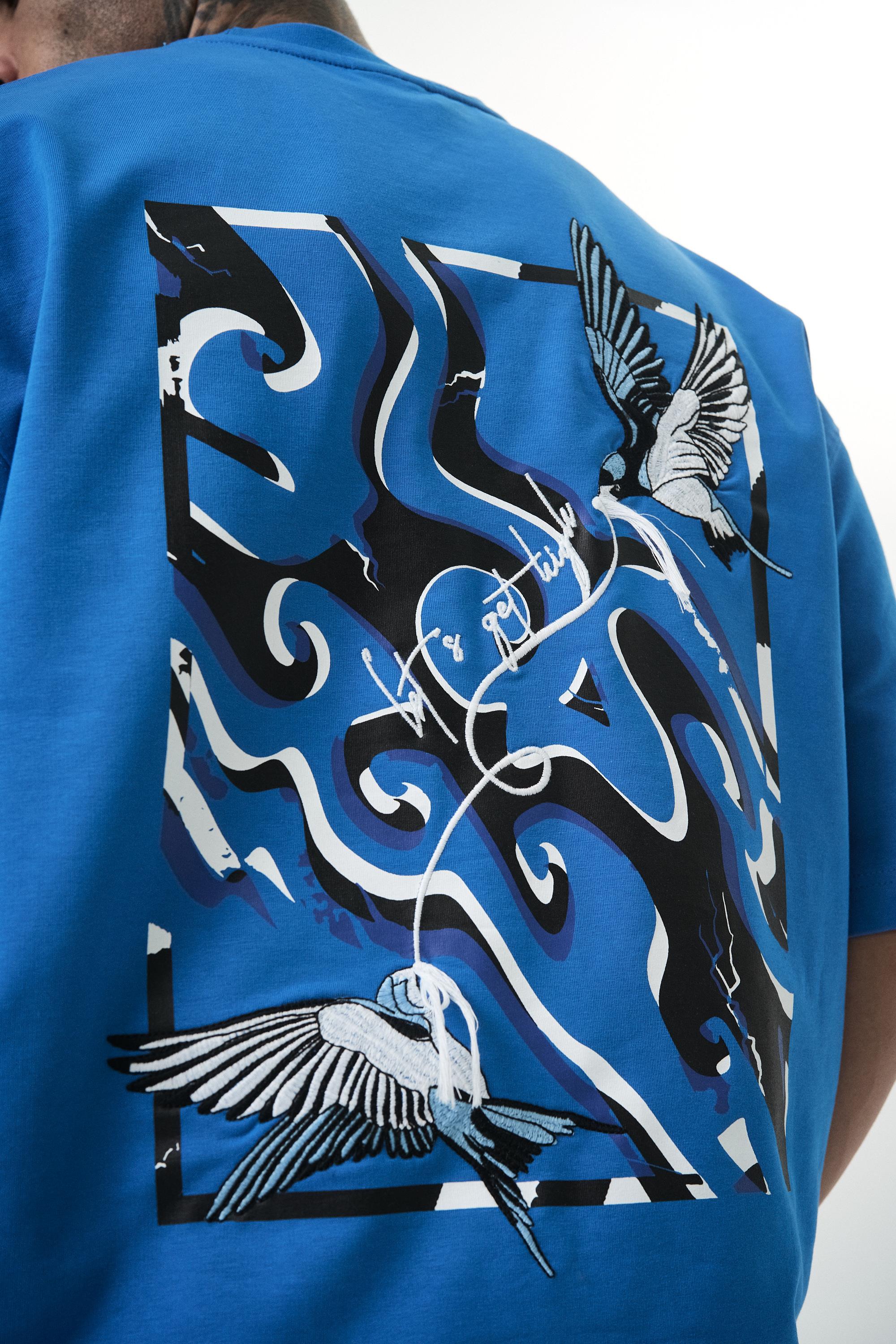 Erkek Let'S Get Tight Nakışlı Oversize T-Shirt Mavi