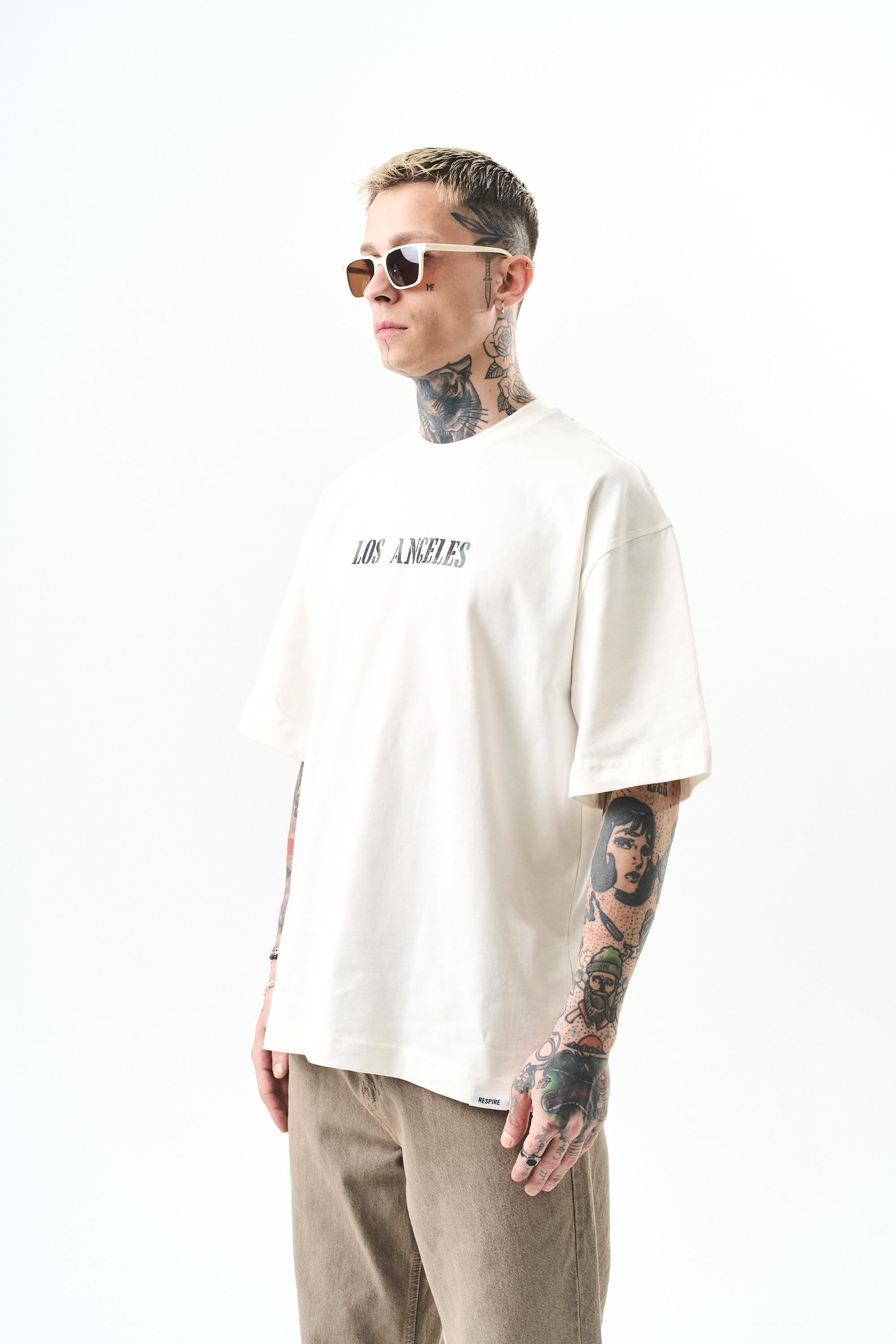 Erkek Los Angeles Baskılı Oversize T-Shirt Ekru