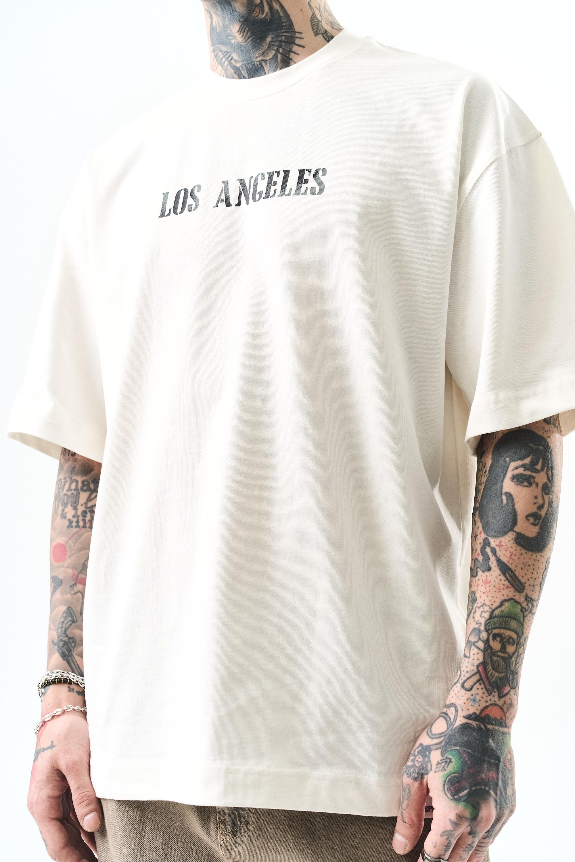 Erkek Los Angeles Baskılı Oversize T-Shirt Ekru