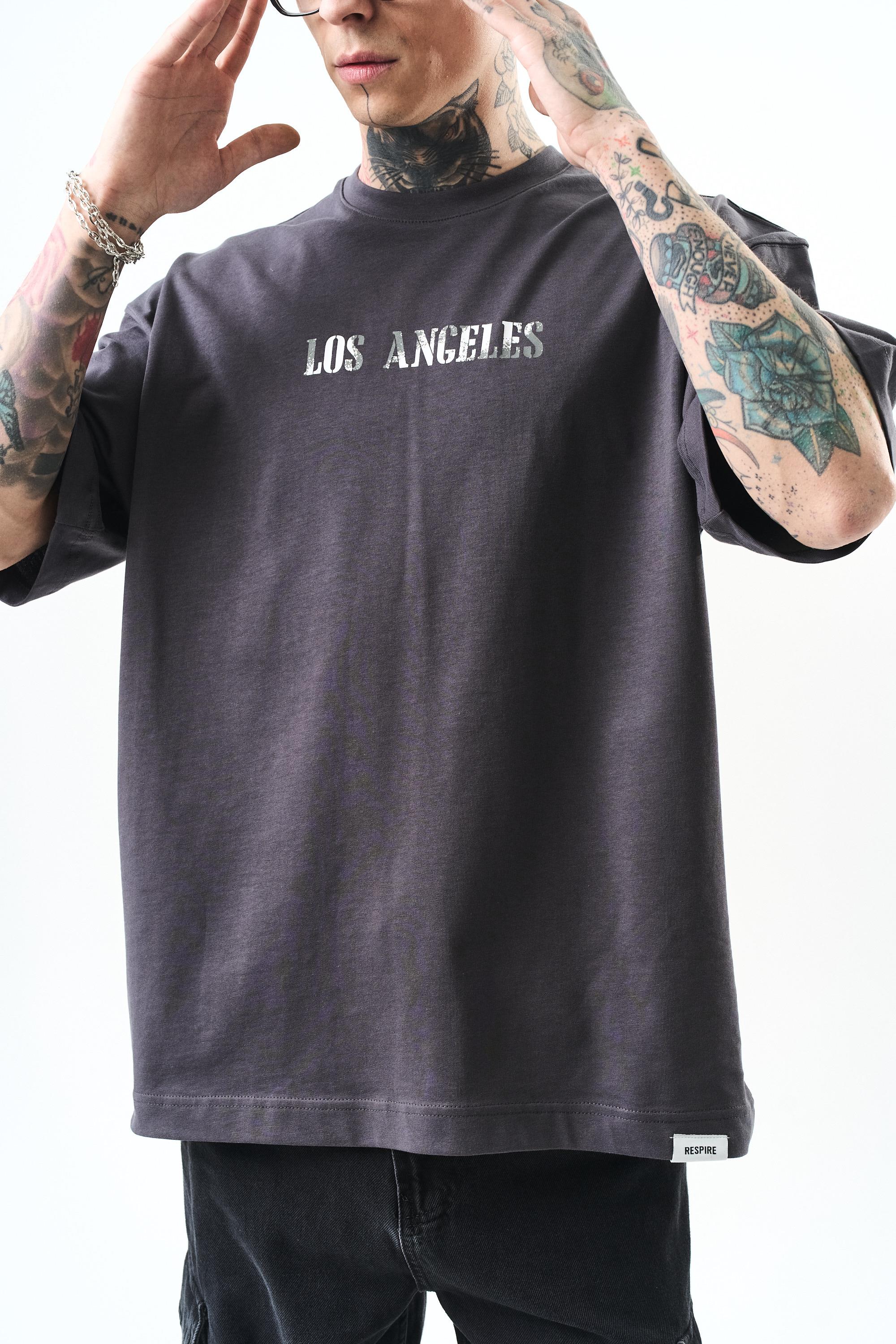 Erkek Los Angeles Baskılı Oversize T-Shirt Füme