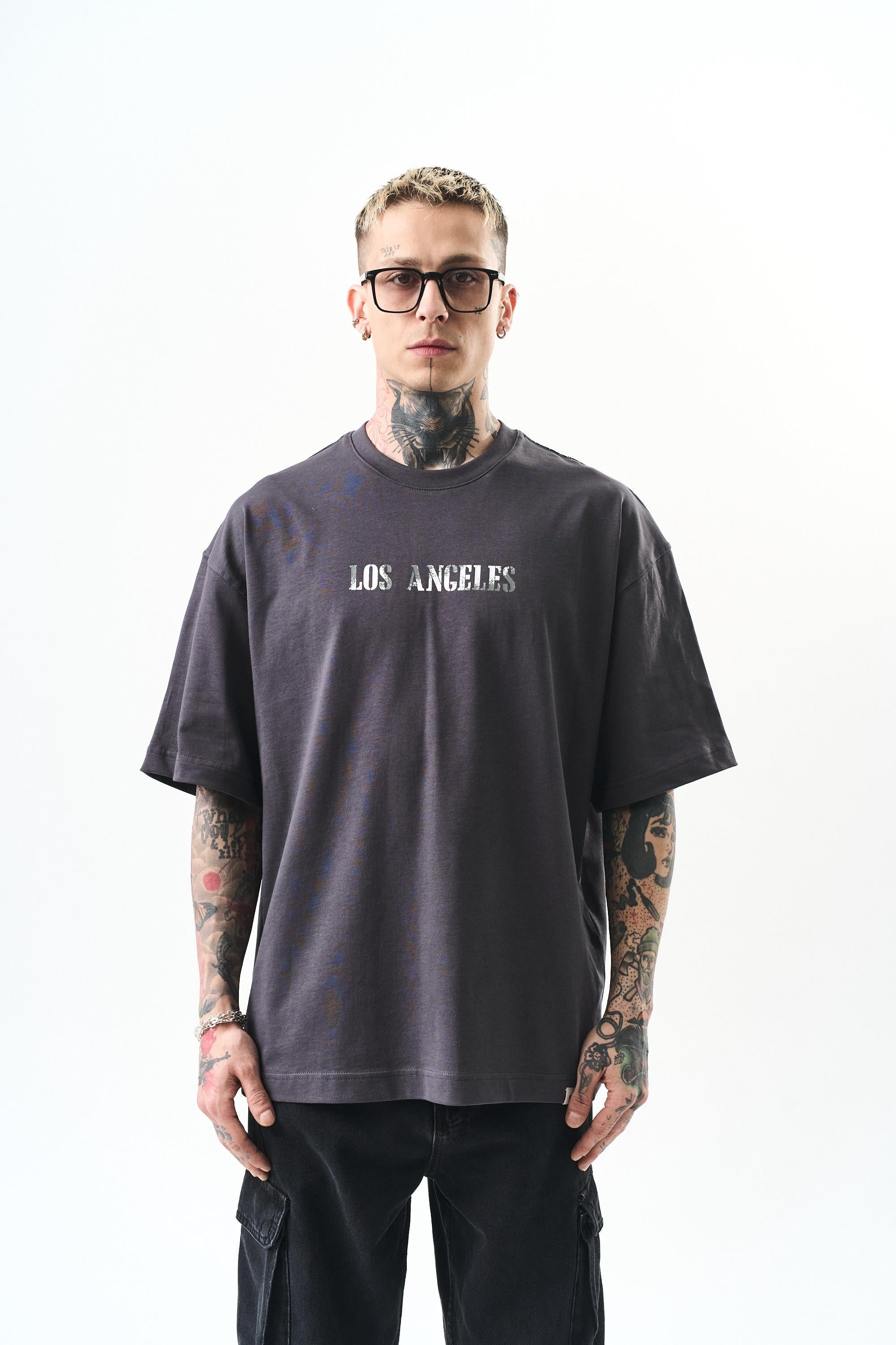 Erkek Los Angeles Baskılı Oversize T-Shirt Füme