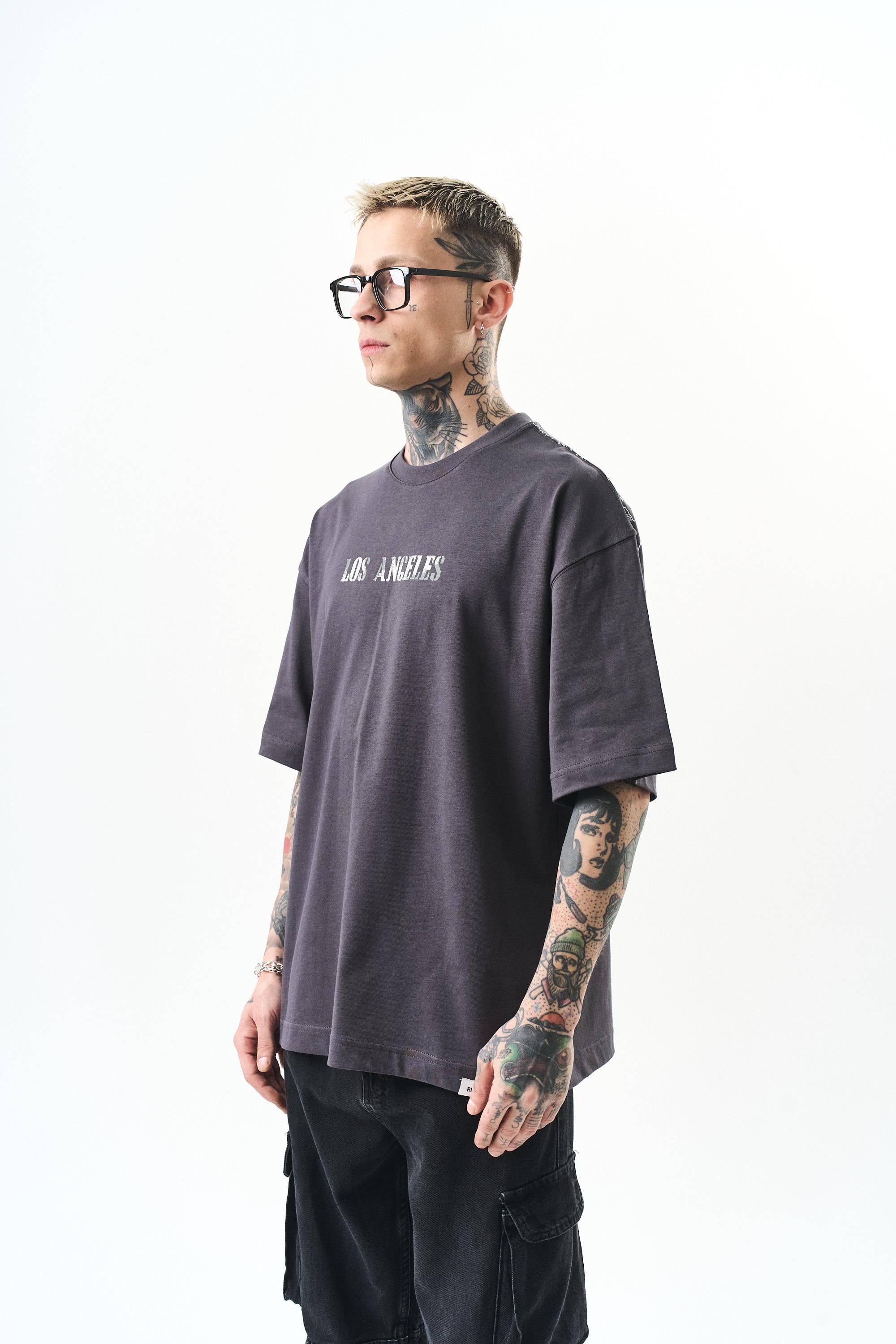 Erkek Los Angeles Baskılı Oversize T-Shirt Füme