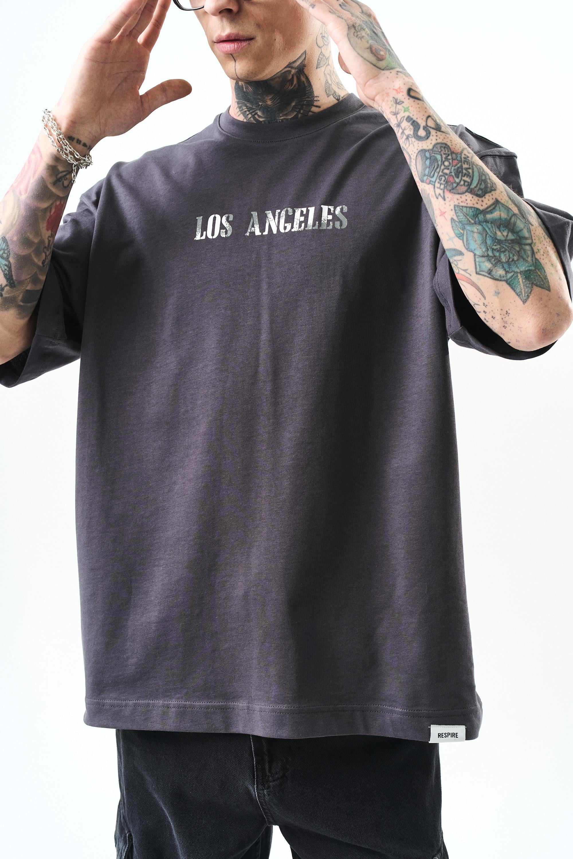 Erkek Los Angeles Baskılı Oversize T-Shirt Füme