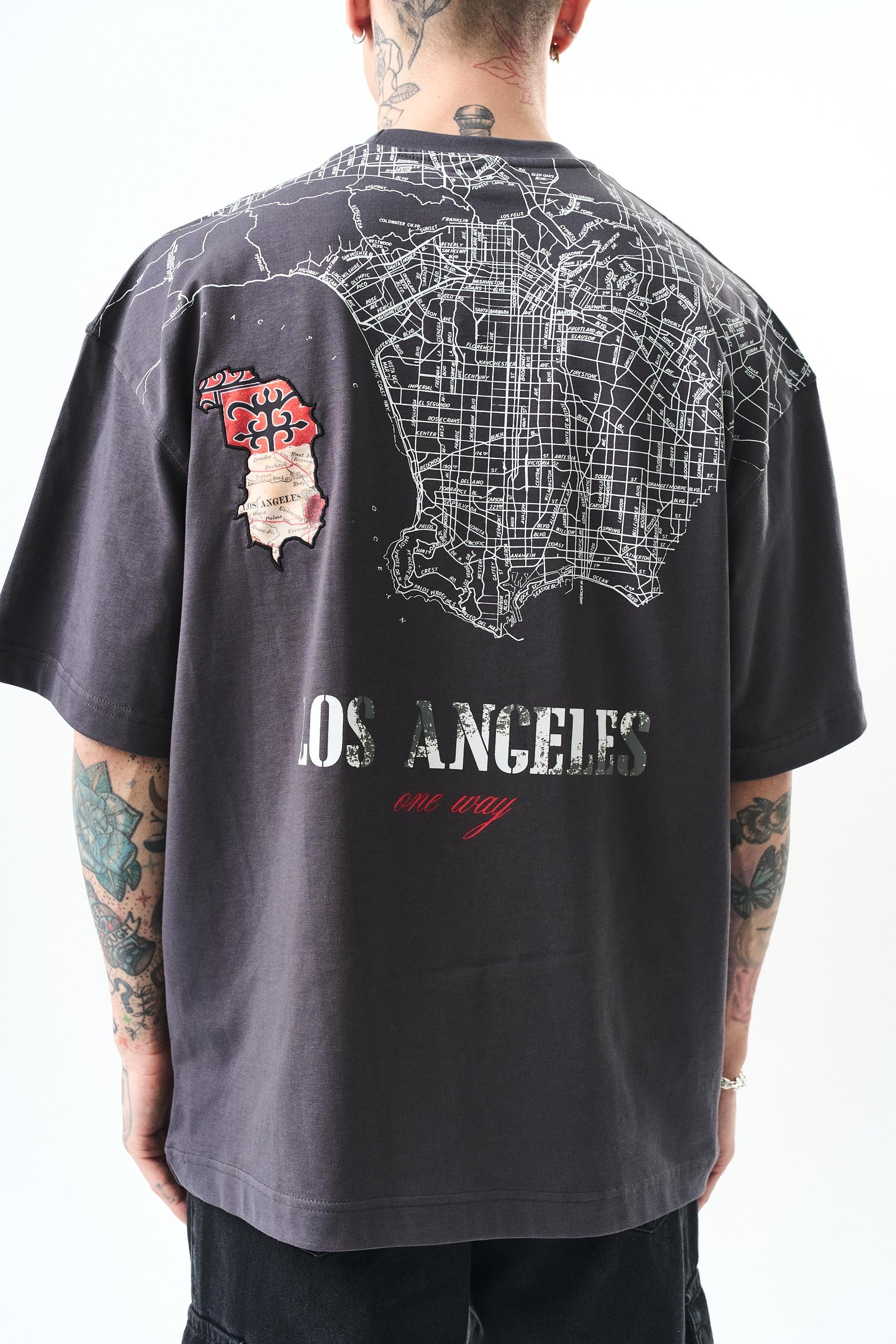 Erkek Los Angeles Baskılı Oversize T-Shirt Füme
