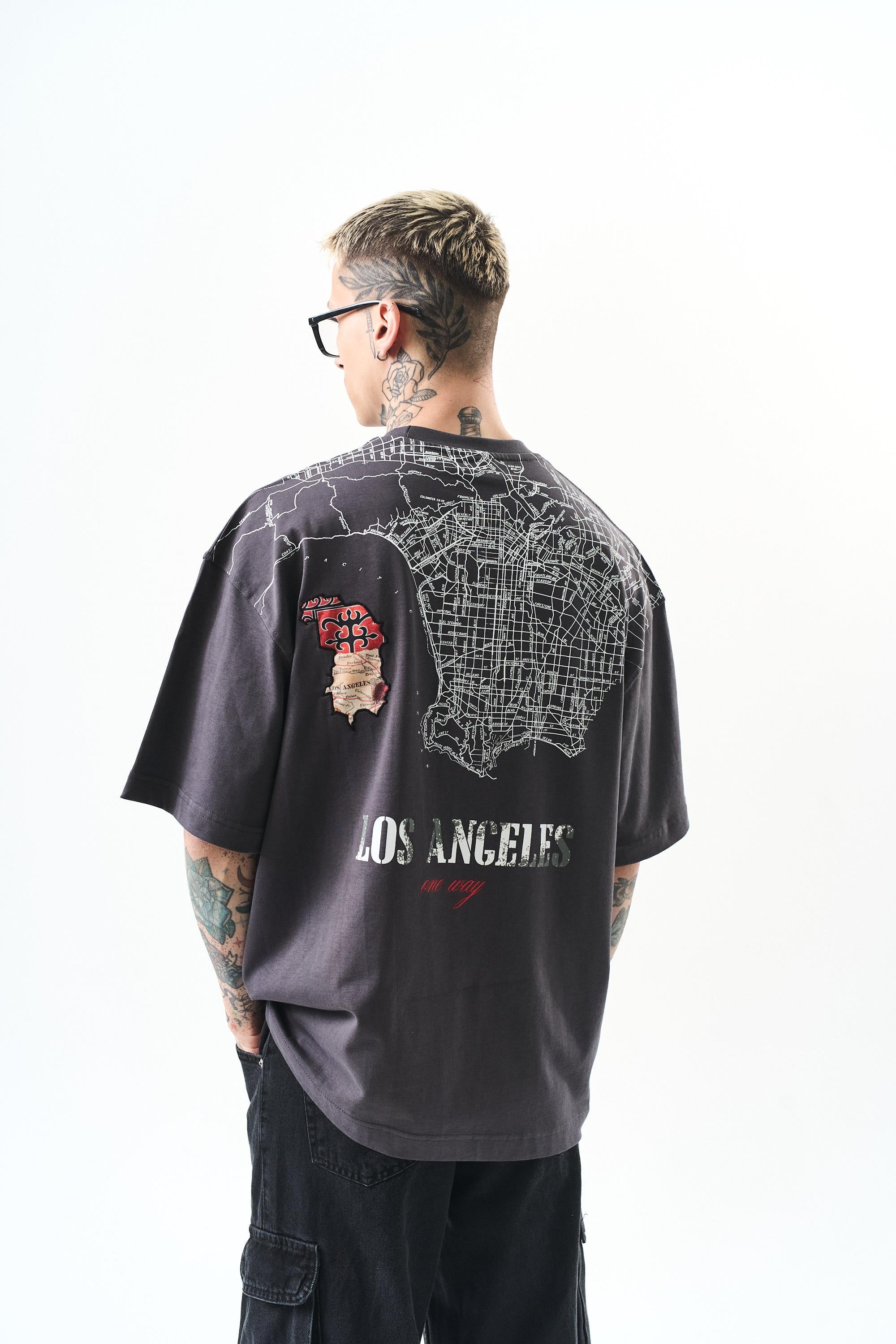 Erkek Los Angeles Baskılı Oversize T-Shirt Füme