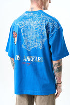 Erkek Los Angeles Baskılı Oversize T-Shirt Mavi