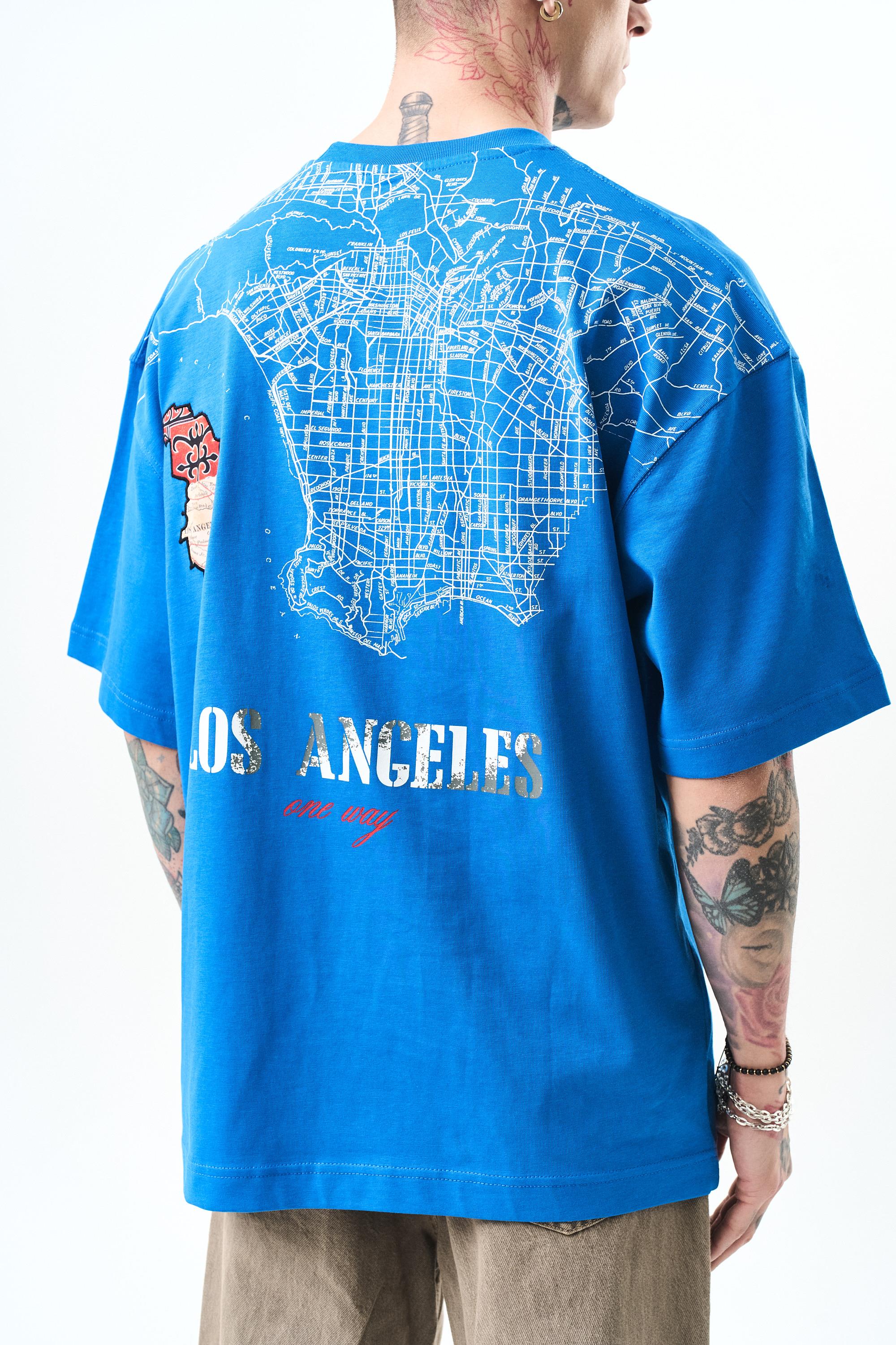 Erkek Los Angeles Baskılı Oversize T-Shirt Mavi