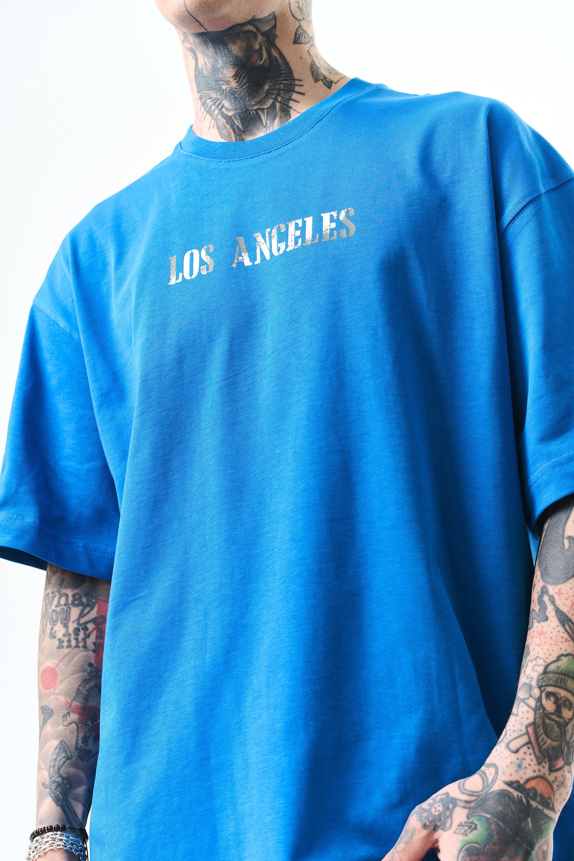 Erkek Los Angeles Baskılı Oversize T-Shirt Mavi