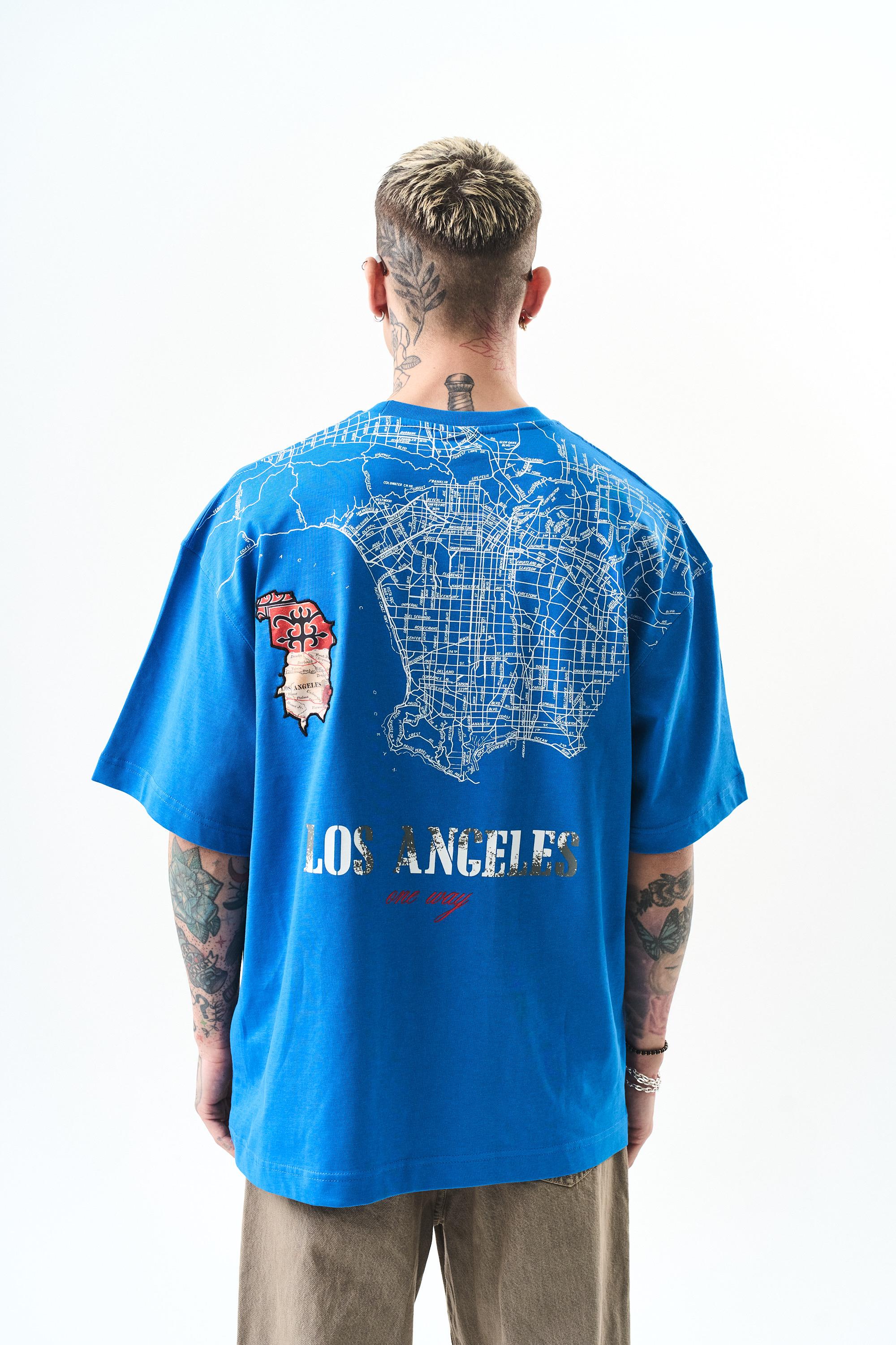 Erkek Los Angeles Baskılı Oversize T-Shirt Mavi