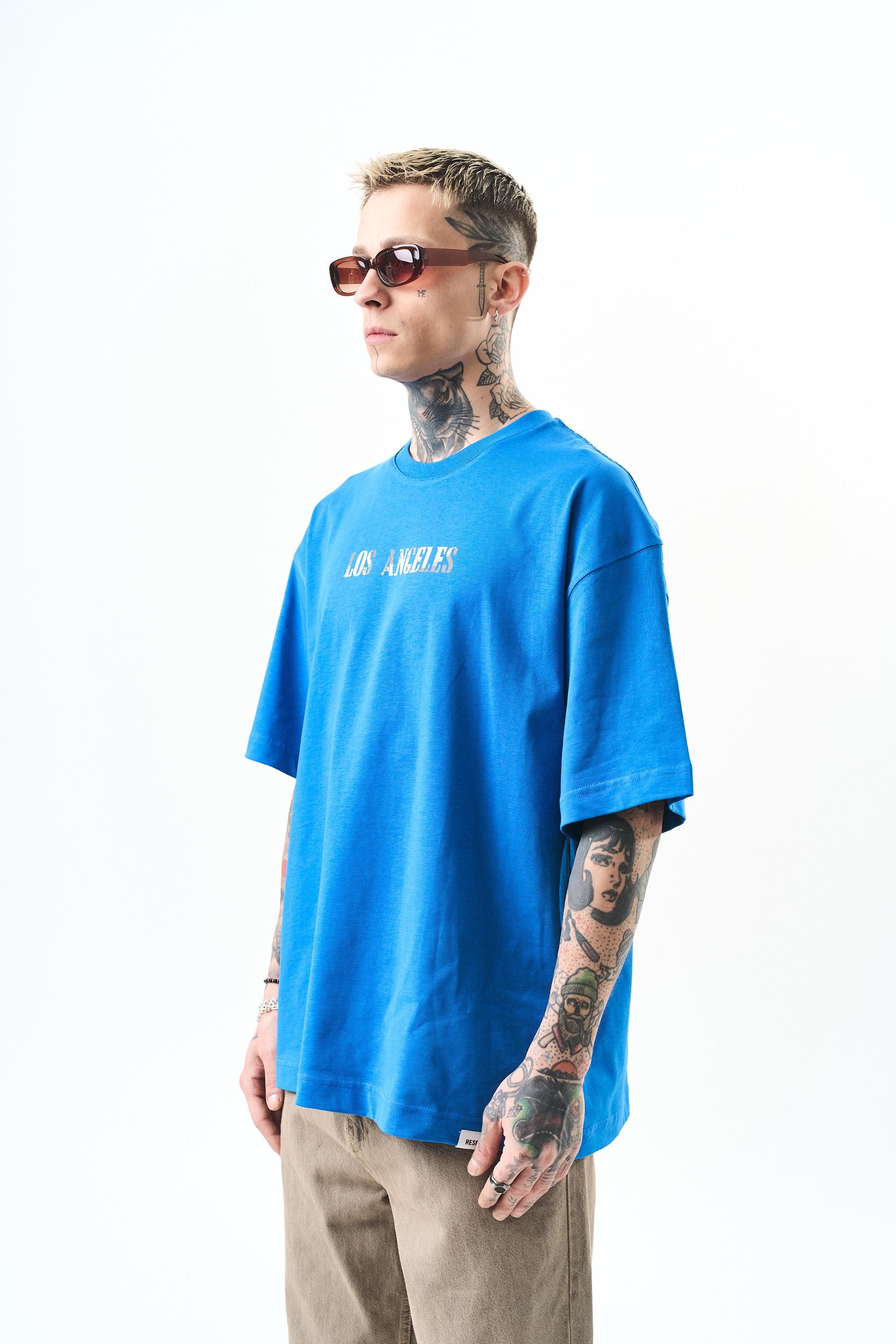 Erkek Los Angeles Baskılı Oversize T-Shirt Mavi