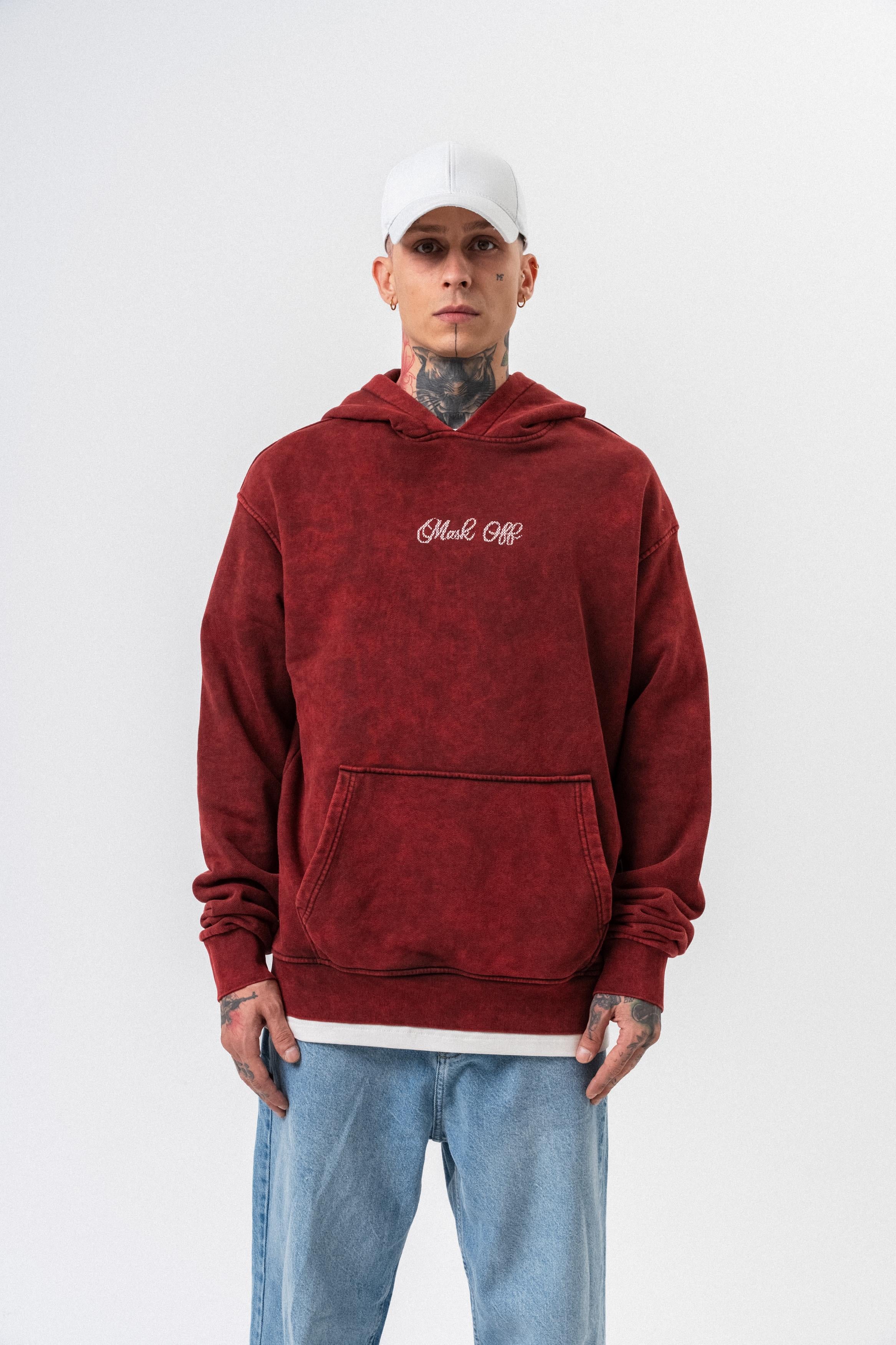 Erkek Mask Off Baskılı Yıkamalı Kapüşonlu Oversize Hoodie Bordo - 0