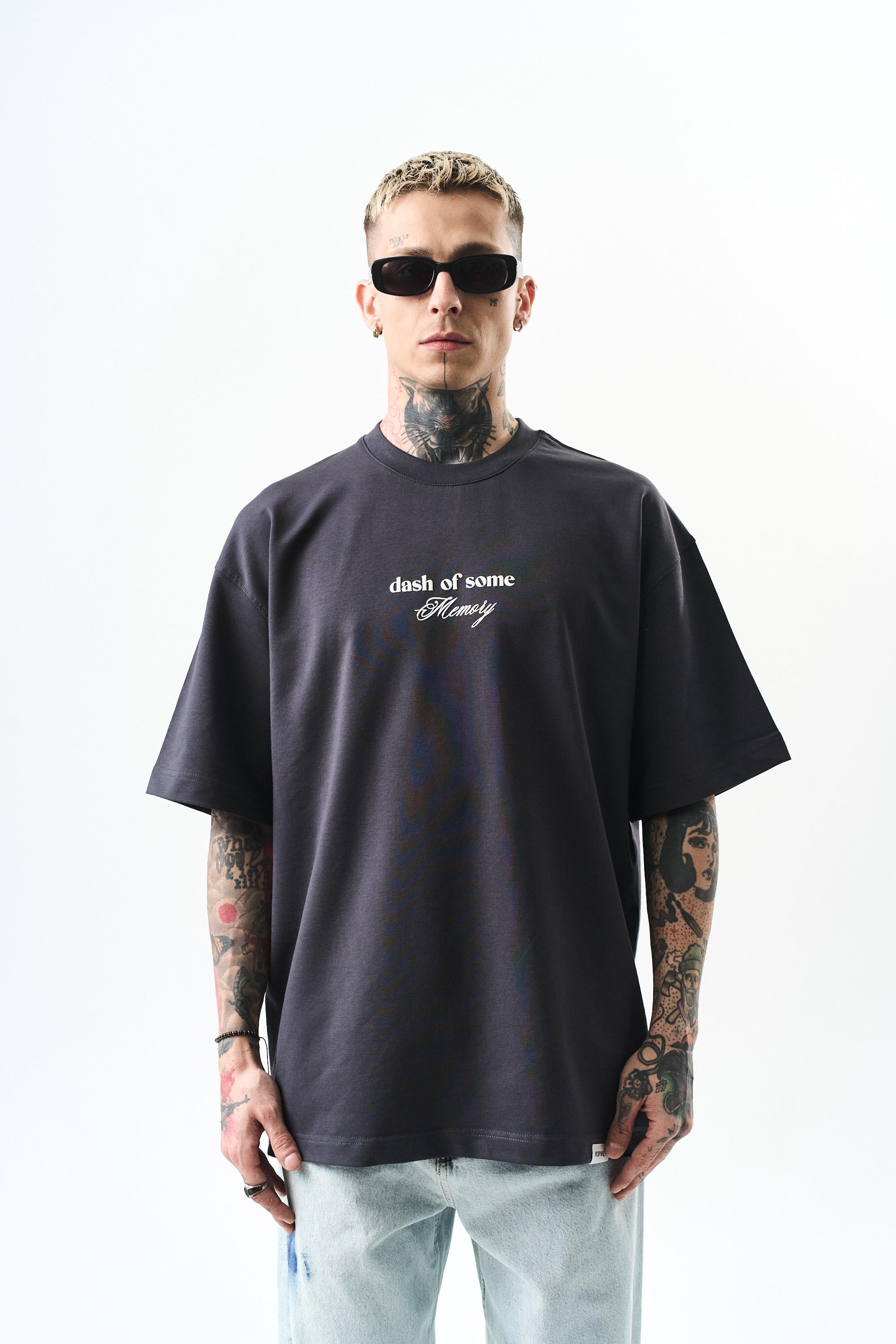 Erkek Memory Baskılı Oversize T-Shirt Füme